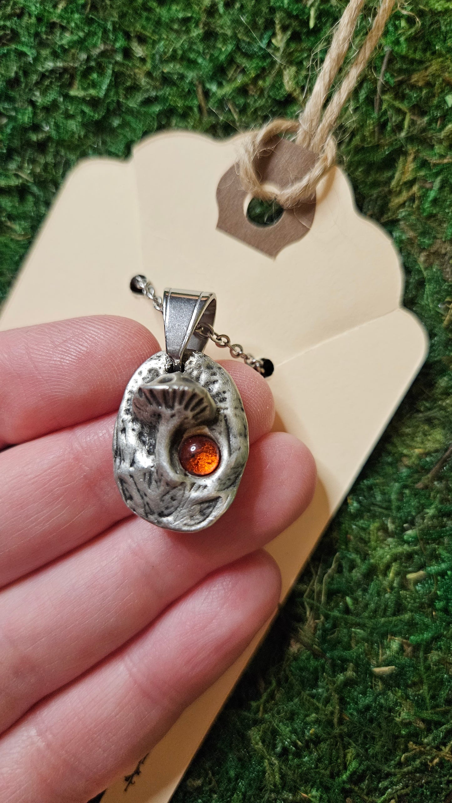 Pewter Mushroom Necklace/ Amber Stone/ Pewter Cast Jewelry/ Shroom/ Magic Mushroom Pendant/ Stainless Steel Chain/ By Elven Soul