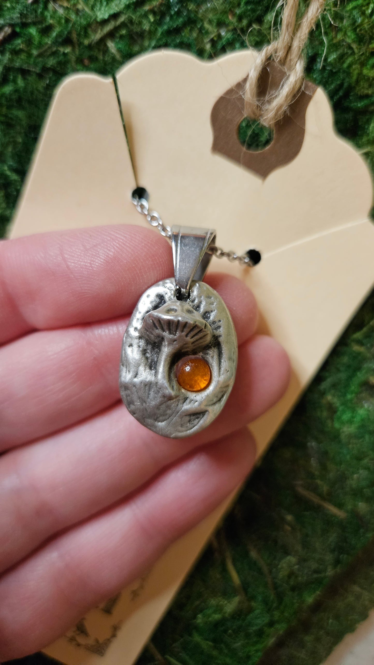 Pewter Mushroom Necklace/ Amber Stone/ Pewter Cast Jewelry/ Shroom/ Magic Mushroom Pendant/ Stainless Steel Chain/ By Elven Soul