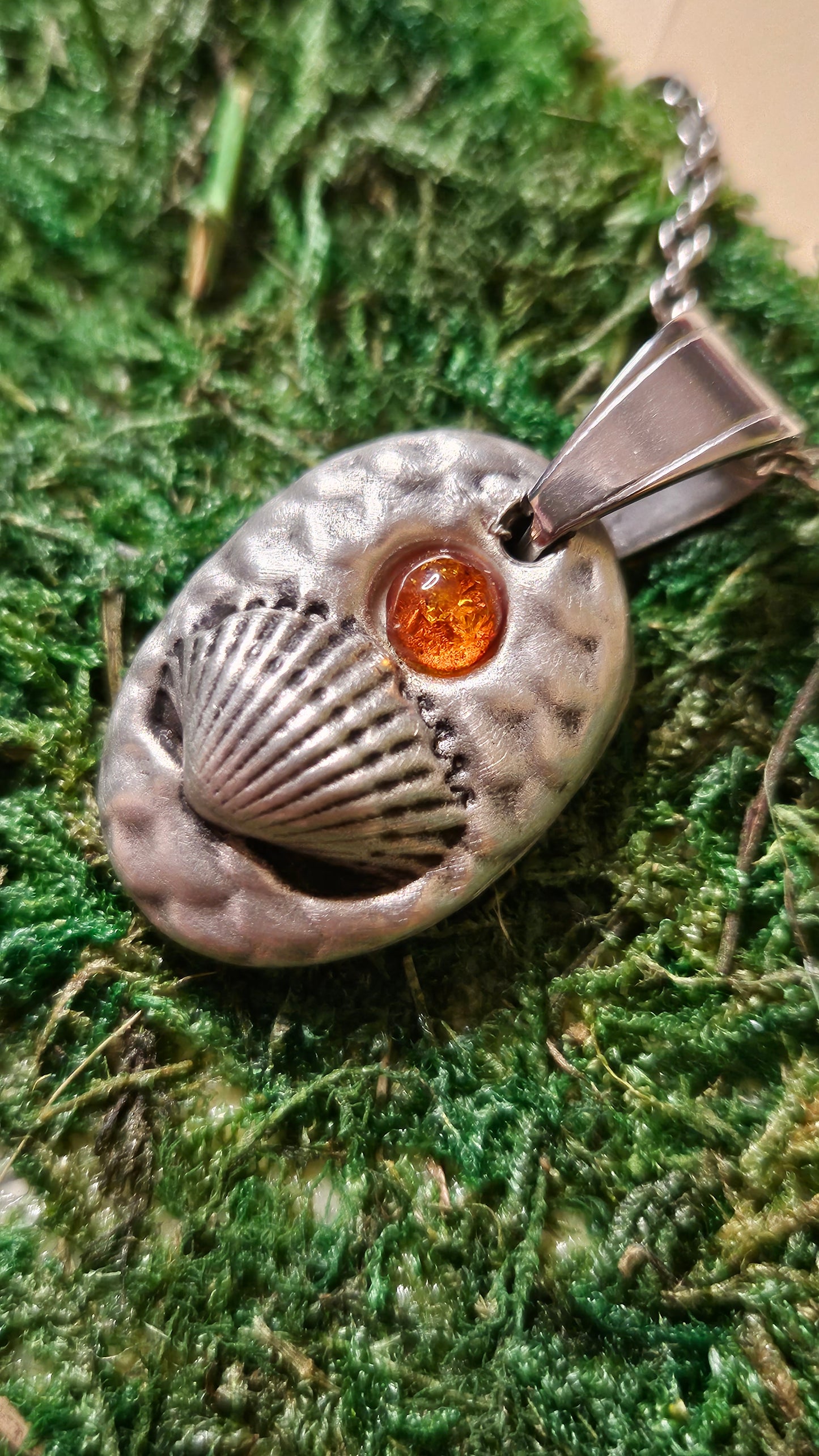 Pewter Seashell Necklace/ Baltic Amber/ Beach Pendant/ Mermaid Scales/Pewter Cast Jewelry/ Stainless Steel Chain/ By Elven Soul