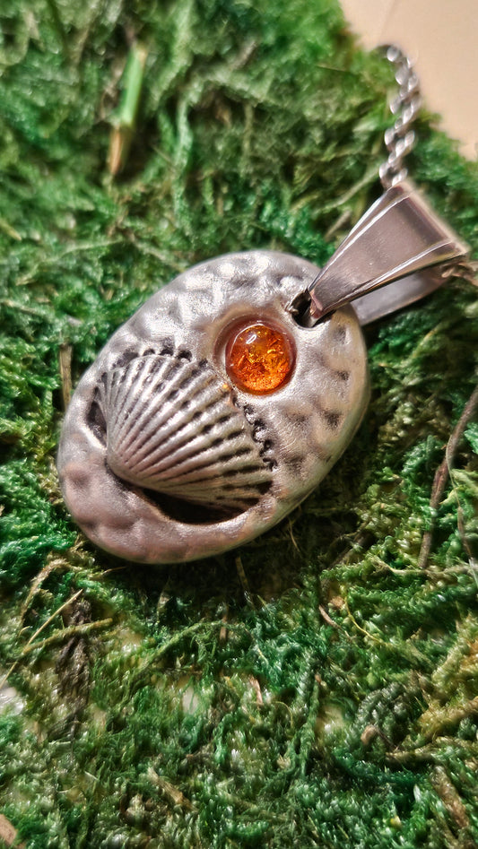 Pewter Seashell Necklace/ Baltic Amber/ Beach Pendant/ Mermaid Scales/Pewter Cast Jewelry/ Stainless Steel Chain/ By Elven Soul