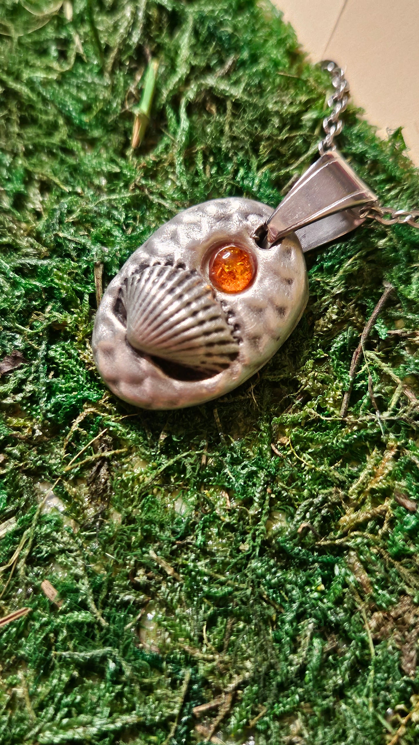 Pewter Seashell Necklace/ Baltic Amber/ Beach Pendant/ Mermaid Scales/Pewter Cast Jewelry/ Stainless Steel Chain/ By Elven Soul