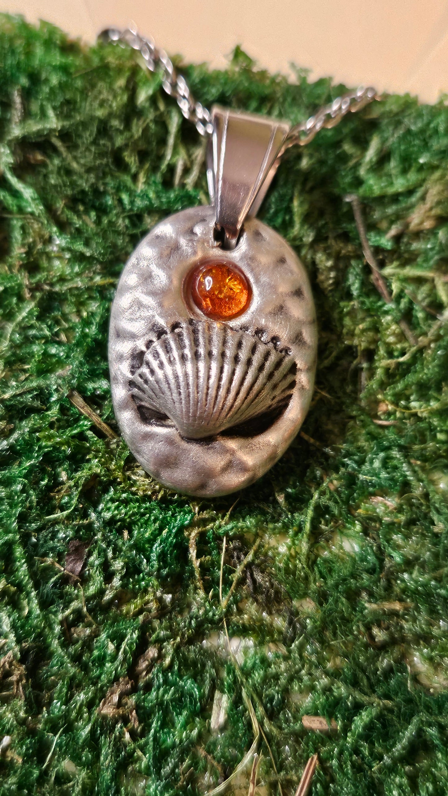 Pewter Seashell Necklace/ Baltic Amber/ Beach Pendant/ Mermaid Scales/Pewter Cast Jewelry/ Stainless Steel Chain/ By Elven Soul