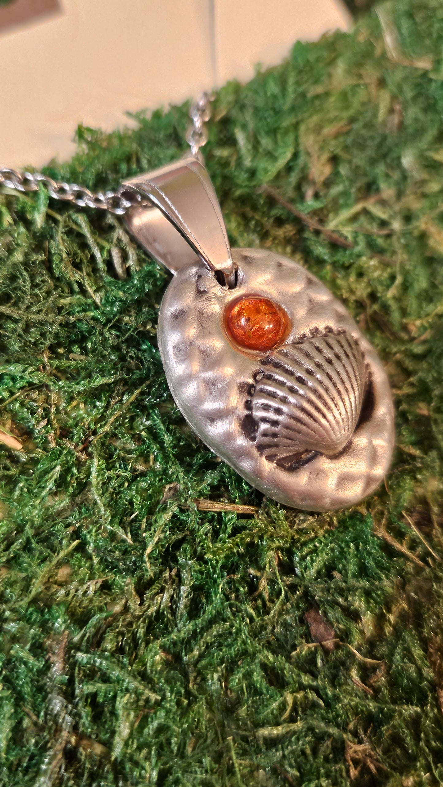 Pewter Seashell Necklace/ Baltic Amber/ Beach Pendant/ Mermaid Scales/Pewter Cast Jewelry/ Stainless Steel Chain/ By Elven Soul