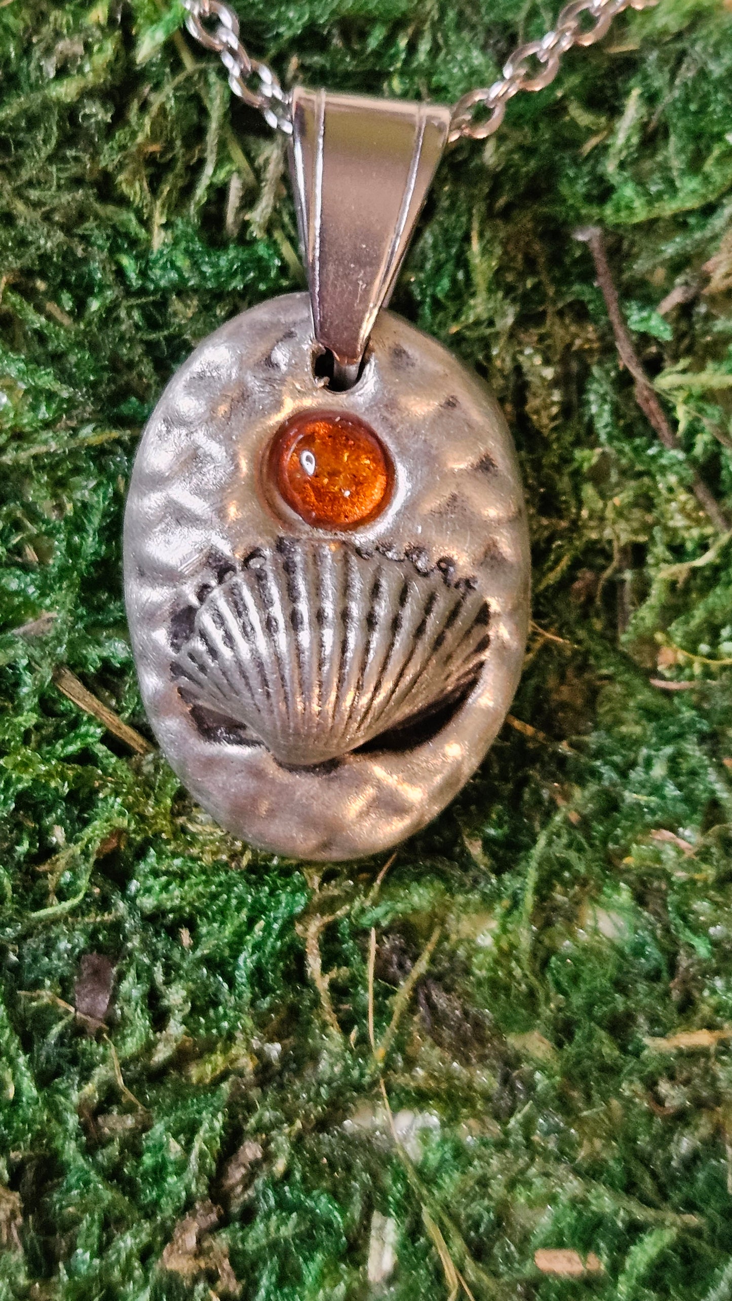 Pewter Seashell Necklace/ Baltic Amber/ Beach Pendant/ Mermaid Scales/Pewter Cast Jewelry/ Stainless Steel Chain/ By Elven Soul