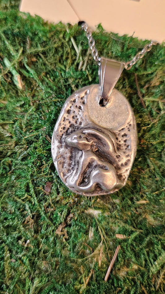 Pewter Rabbit Necklace/ Hare and Moon Pendant/ Pewter Cast Jewelry/ Stainless Steel Chain/ By Elven Soul