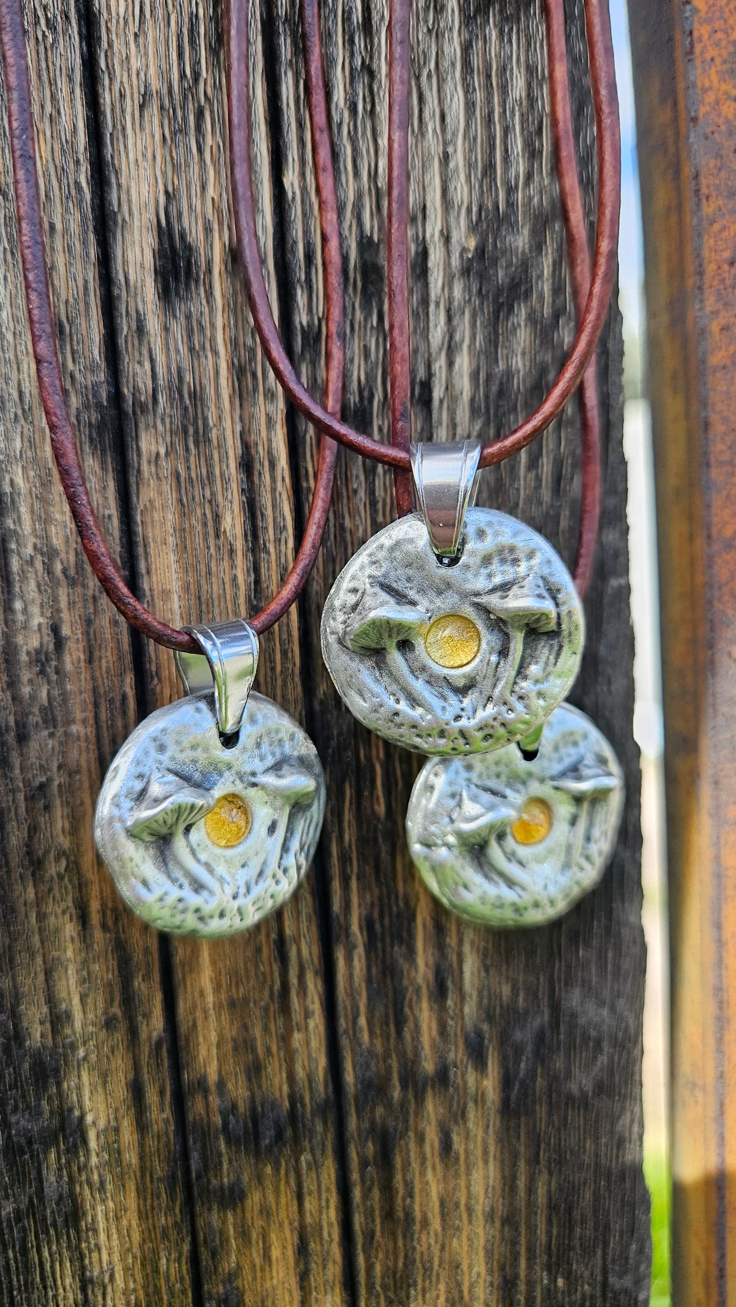 Pewter Mushroom Necklace/ Citrine Stone/ Pewter Cast Jewelry/ Mushroom and Crystal Pendant/ Adjustable Leather Cord/ By Elven Soul