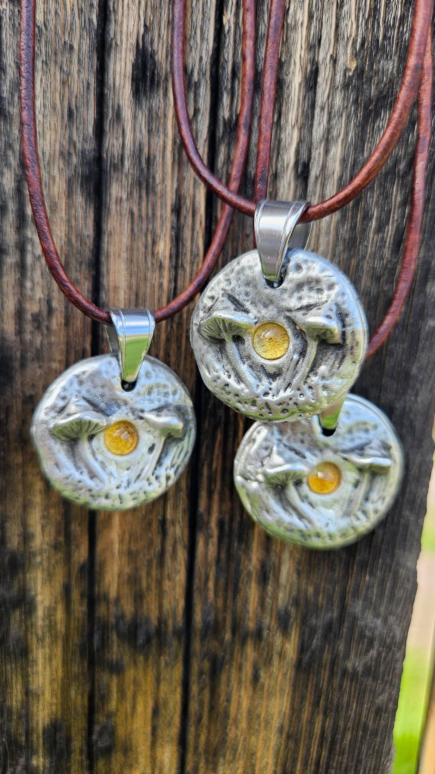 Pewter Mushroom Necklace/ Citrine Stone/ Pewter Cast Jewelry/ Mushroom and Crystal Pendant/ Adjustable Leather Cord/ By Elven Soul