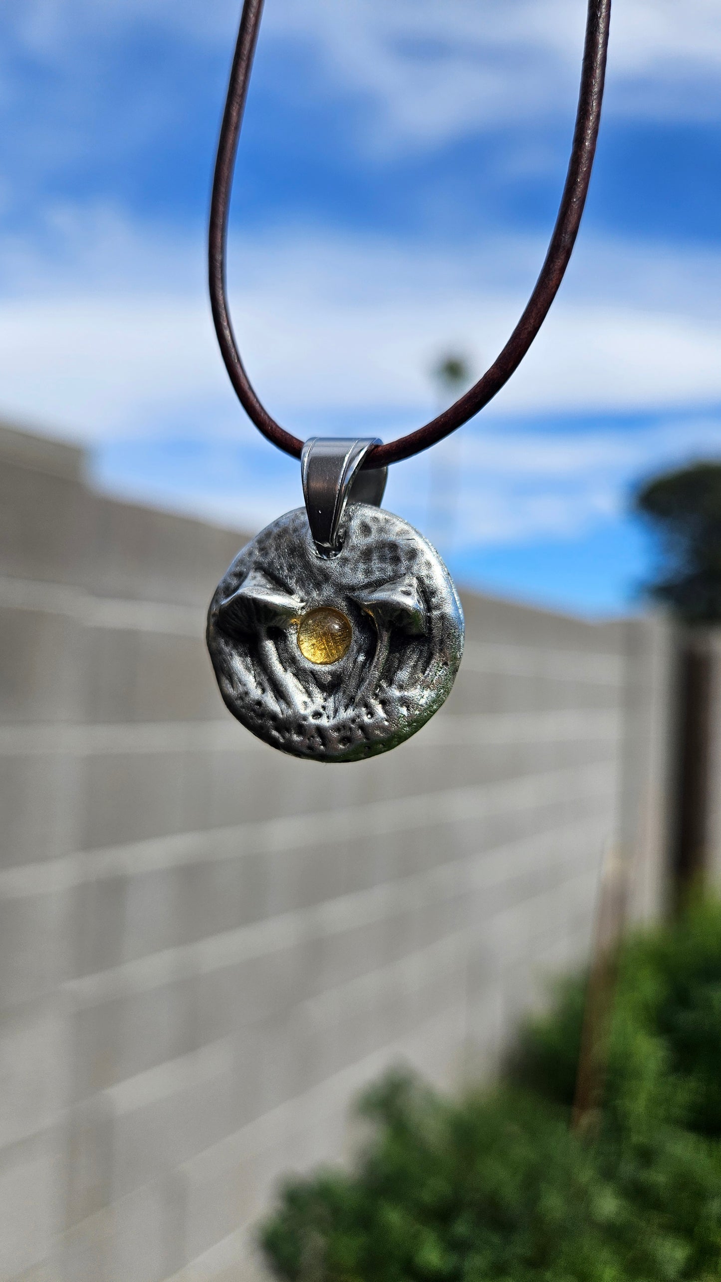 Pewter Mushroom Necklace/ Citrine Stone/ Pewter Cast Jewelry/ Mushroom and Crystal Pendant/ Adjustable Leather Cord/ By Elven Soul