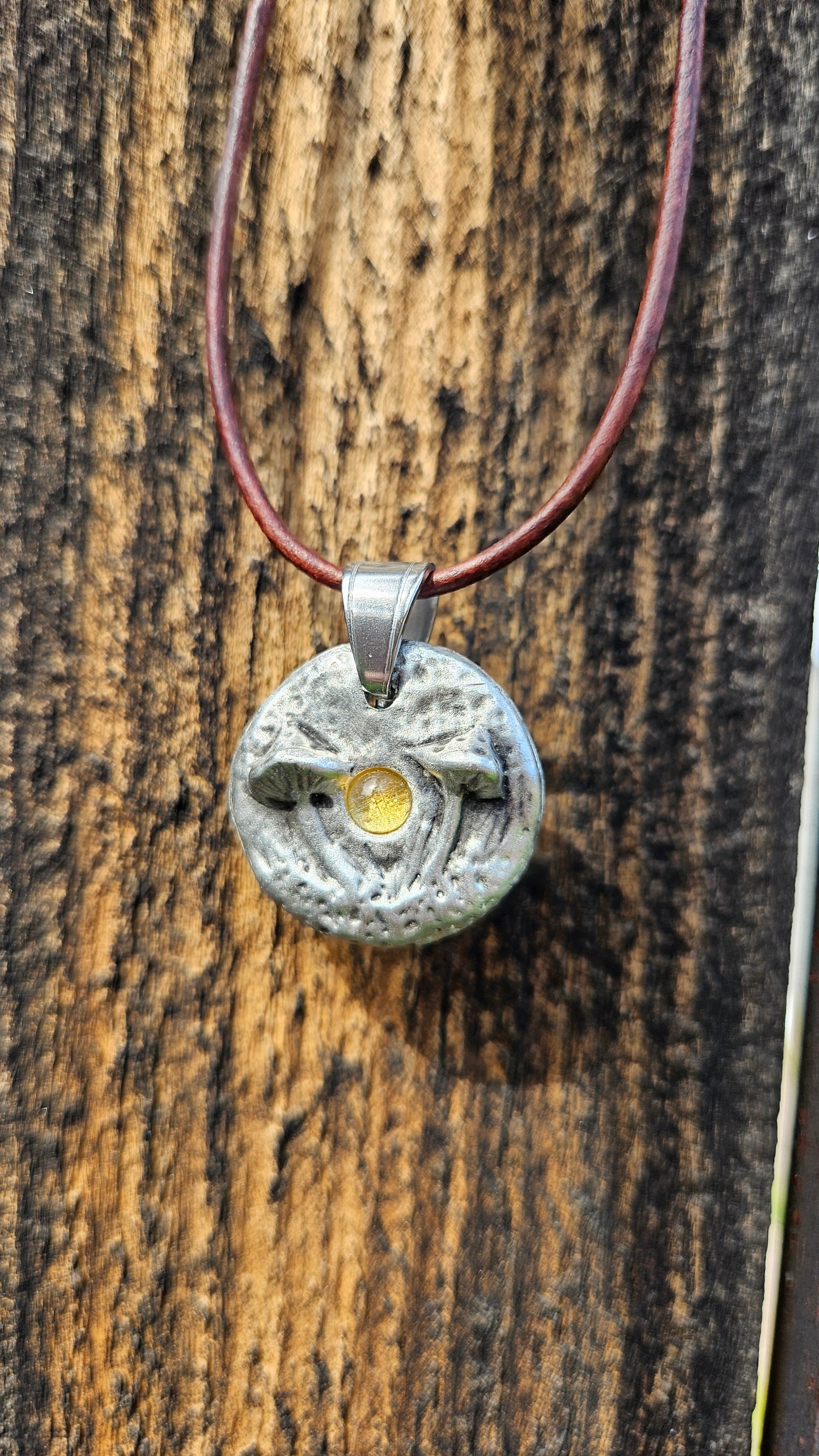 Pewter Mushroom Necklace/ Citrine Stone/ Pewter Cast Jewelry/ Mushroom and Crystal Pendant/ Adjustable Leather Cord/ By Elven Soul