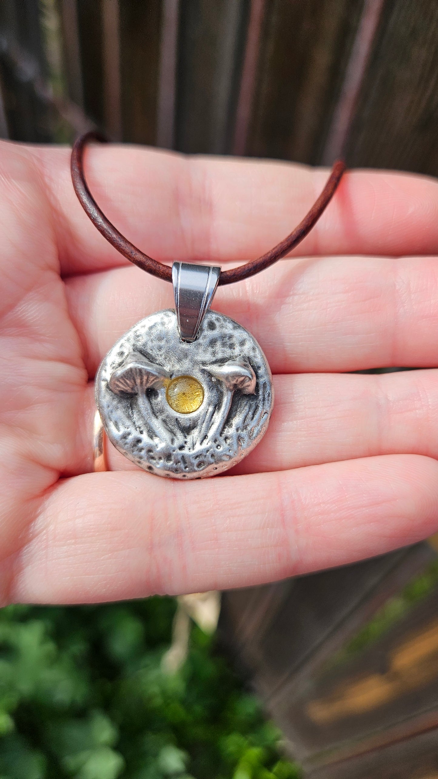 Pewter Mushroom Necklace/ Citrine Stone/ Pewter Cast Jewelry/ Mushroom and Crystal Pendant/ Adjustable Leather Cord/ By Elven Soul