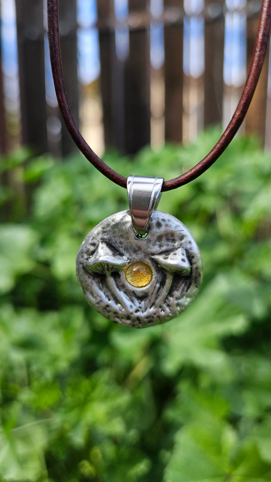 Pewter Mushroom Necklace/ Citrine Stone/ Pewter Cast Jewelry/ Mushroom and Crystal Pendant/ Adjustable Leather Cord/ By Elven Soul