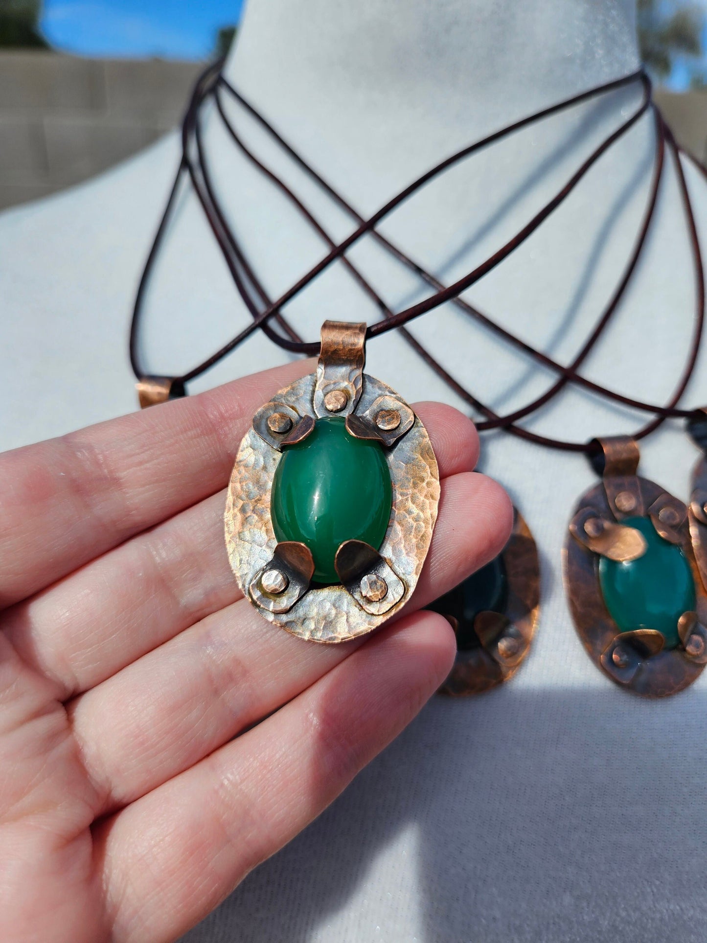 Copper and Green Agate Amulet/ Leather Cord/ Hammered Copper Necklace/ Crystal Pendant/ Copper Rivets/ Elven Soul Jewelry