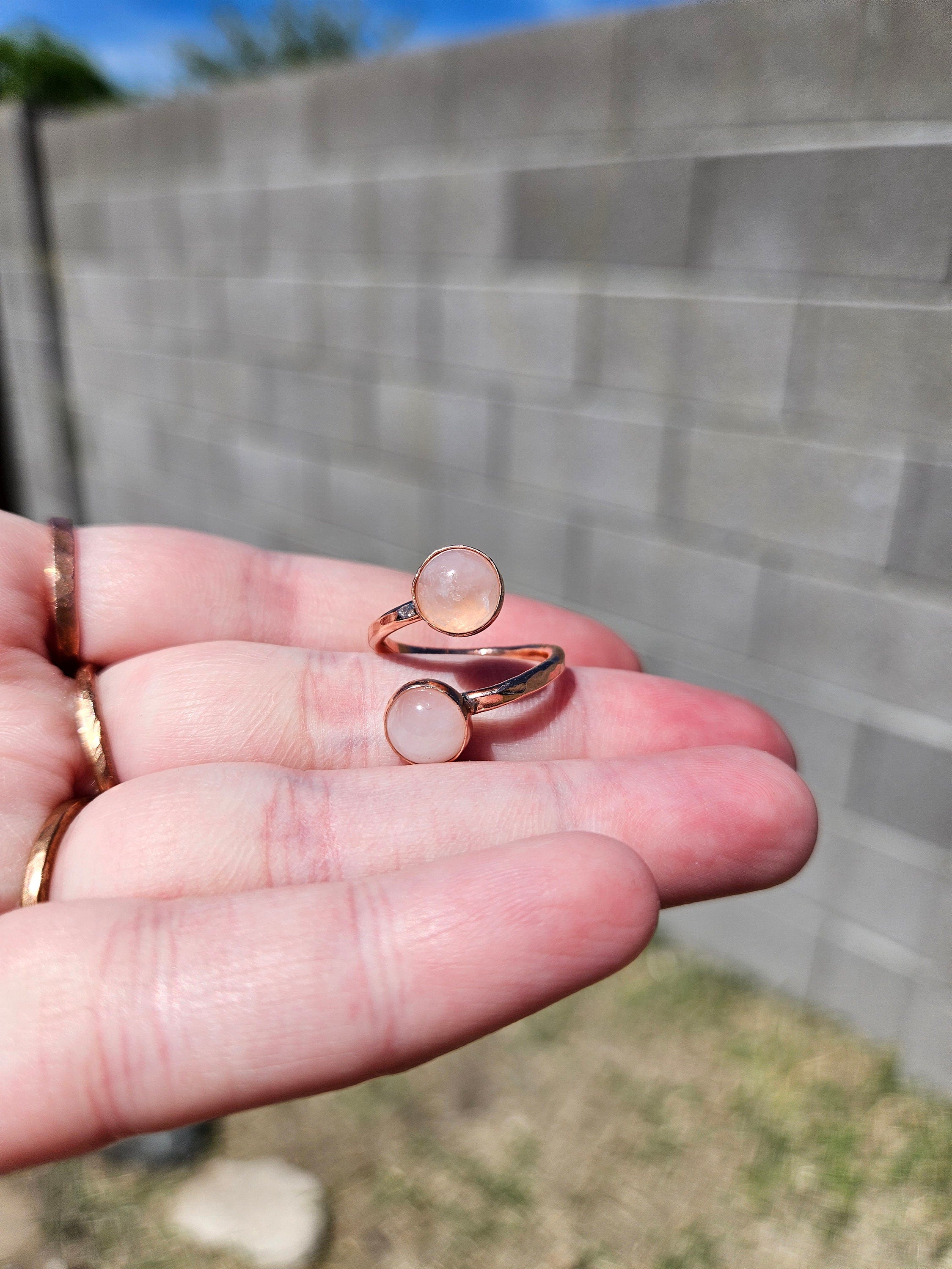 The Aphrodite Ring by Elven Soul/ Double Rose Quartz Copper Ring/ Adjustable Band/ Wrap Ring /Hammered Copper Jewelry/ Anniversary/ Stone