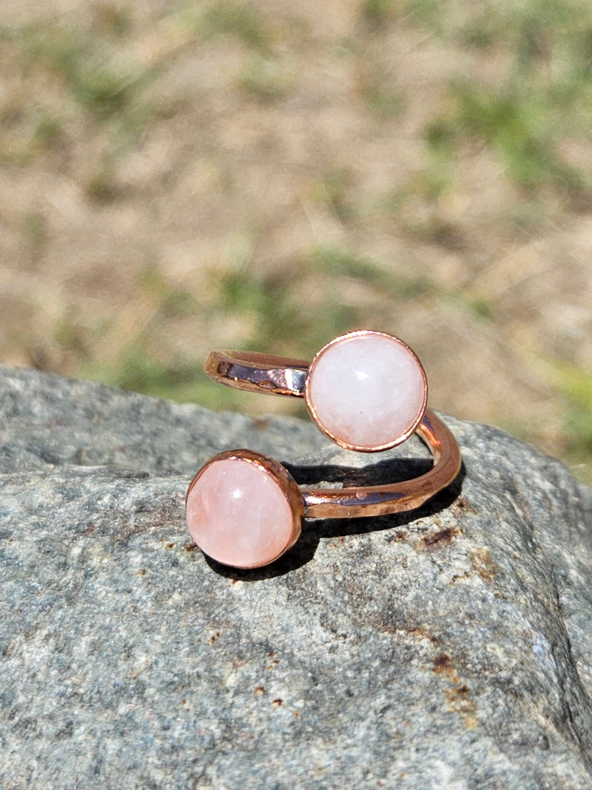 The Aphrodite Ring by Elven Soul/ Double Rose Quartz Copper Ring/ Adjustable Band/ Wrap Ring /Hammered Copper Jewelry/ Anniversary/ Stone