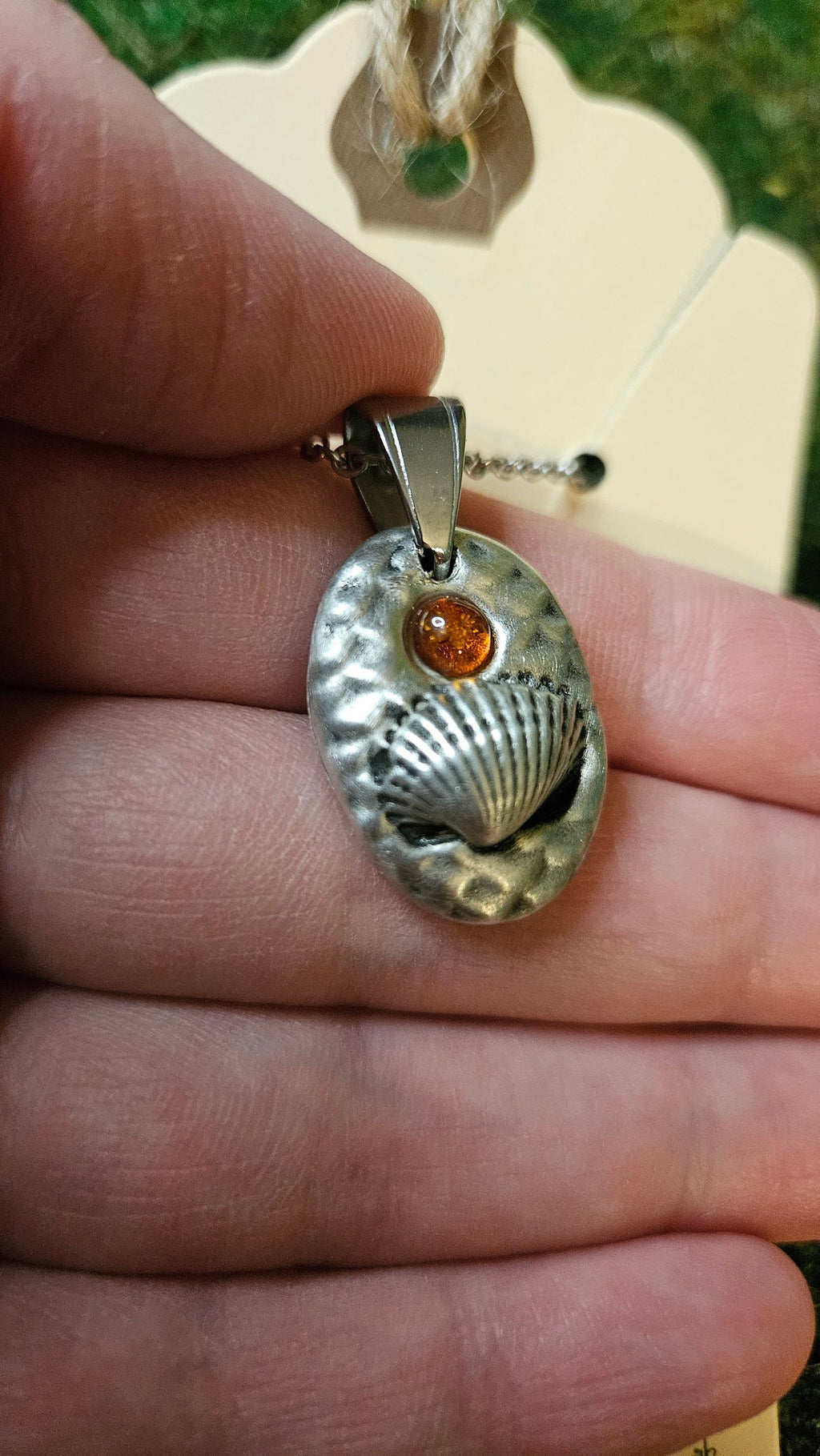 Pewter Seashell Necklace/ Baltic Amber/ Beach Pendant/ Mermaid Scales/Pewter Cast Jewelry/ Stainless Steel Chain/ By Elven Soul