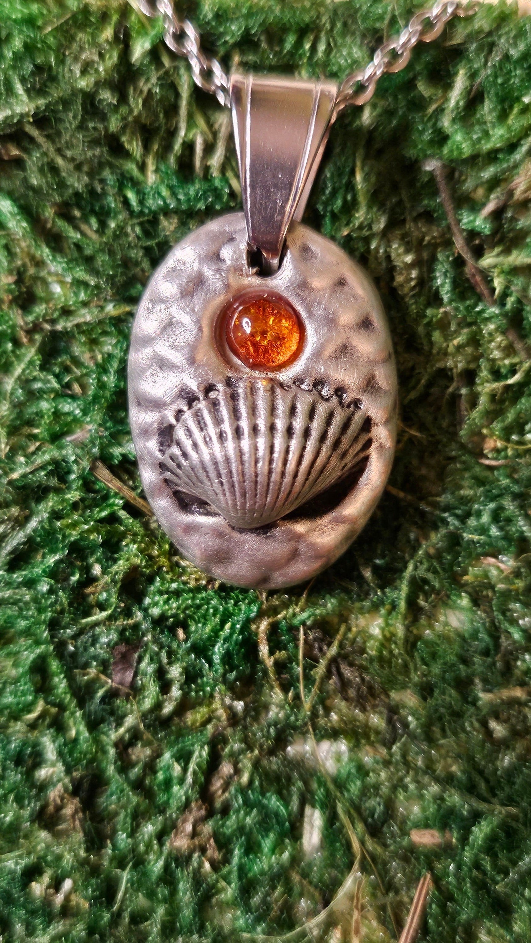 Pewter Seashell Necklace/ Baltic Amber/ Beach Pendant/ Mermaid Scales/Pewter Cast Jewelry/ Stainless Steel Chain/ By Elven Soul