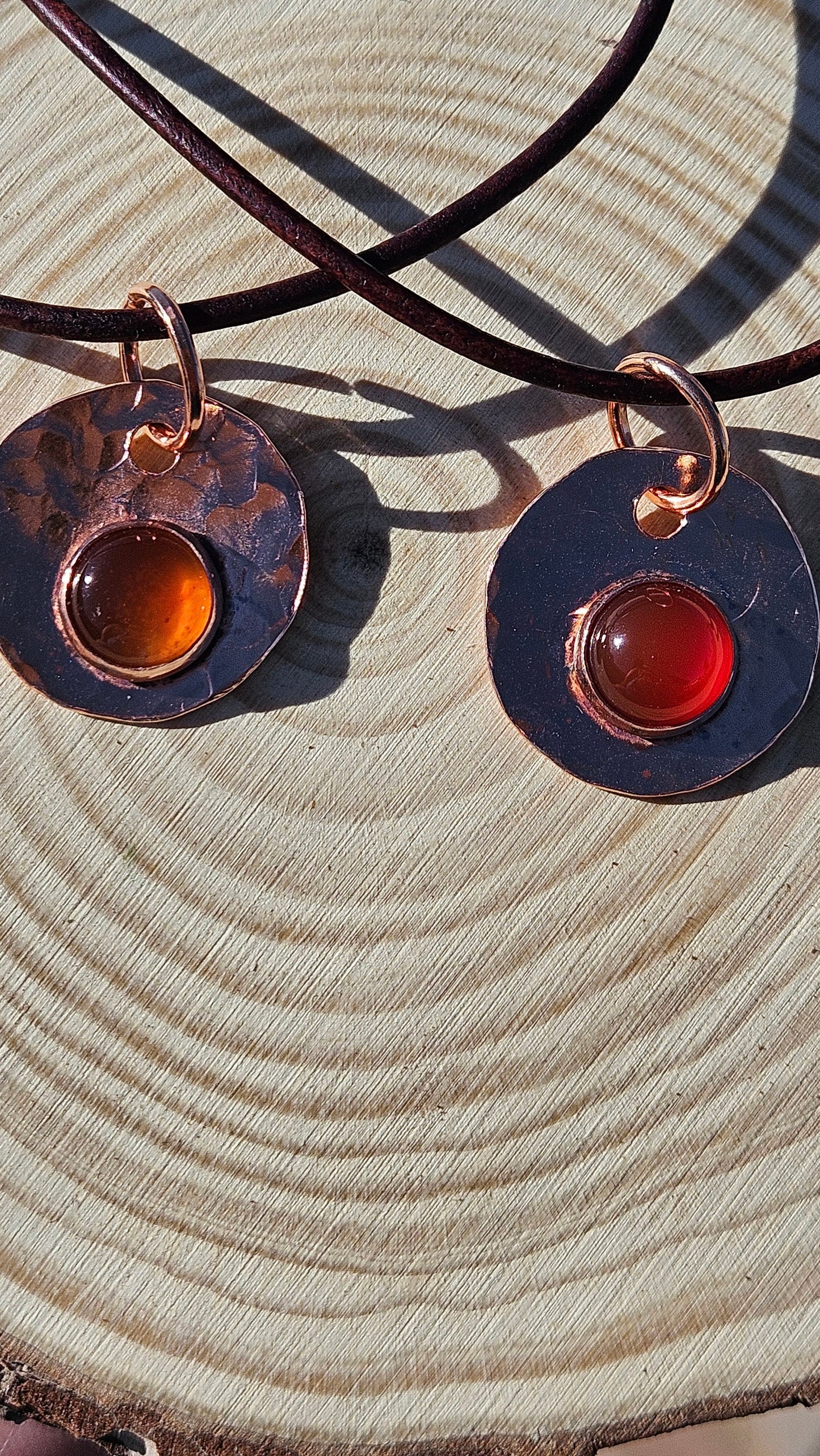 Copper and Red Agate Necklace/ Leather Cord/ Hammered Copper Pendant/ Handmade Jewelry/ by Elven Soul