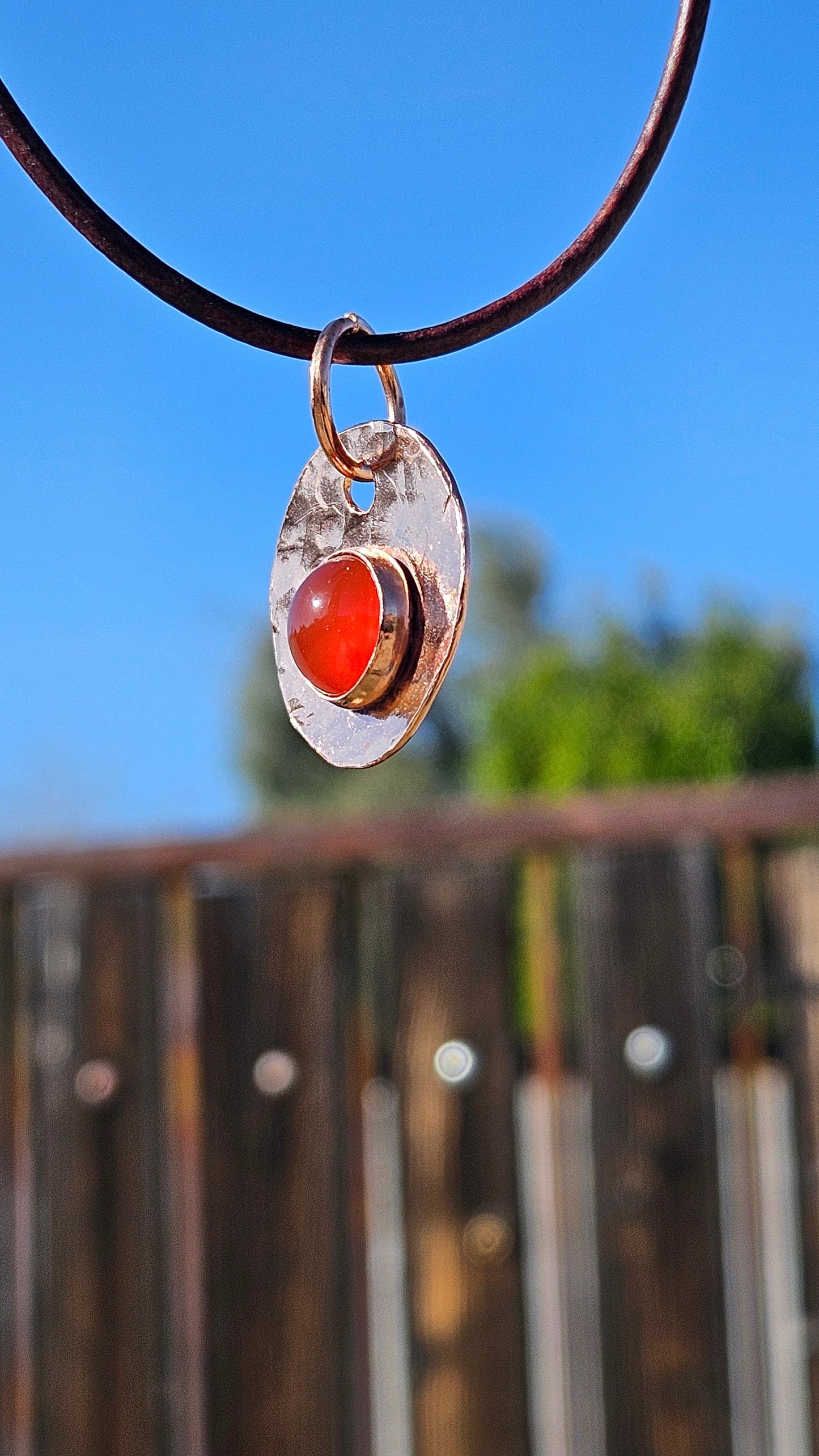 Copper and Red Agate Necklace/ Leather Cord/ Hammered Copper Pendant/ Handmade Jewelry/ by Elven Soul