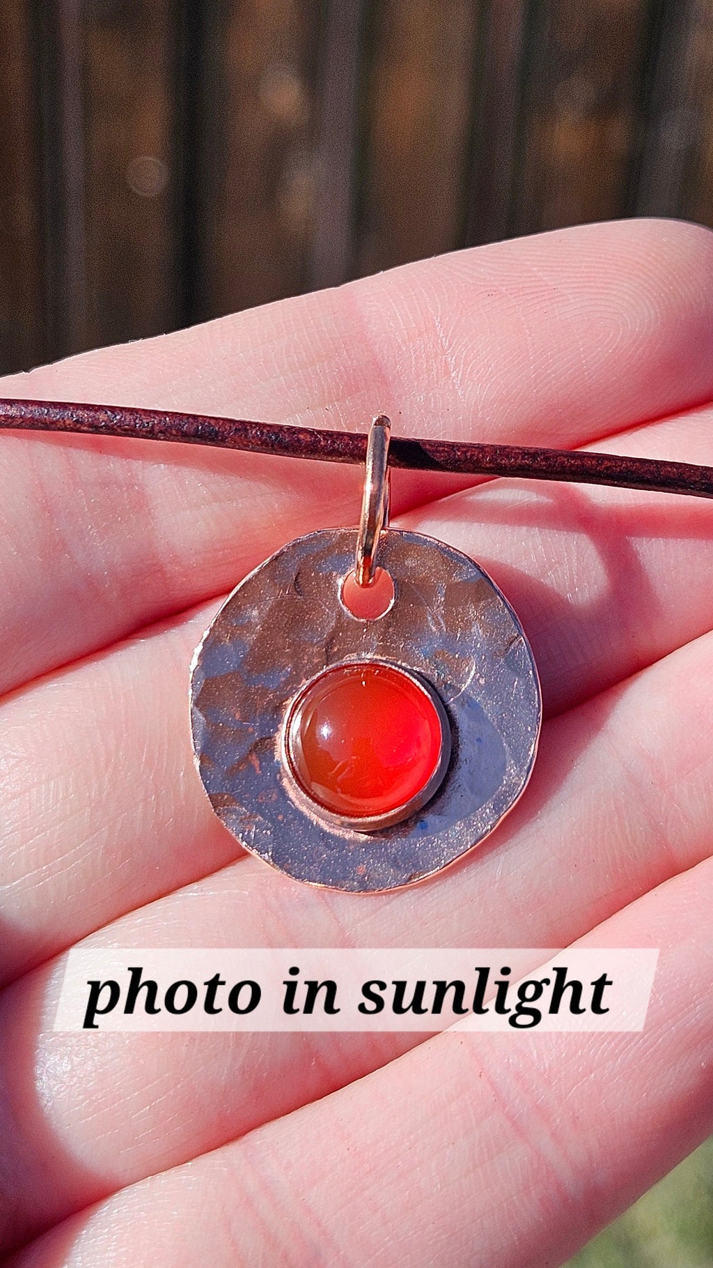 Copper and Red Agate Necklace/ Leather Cord/ Hammered Copper Pendant/ Handmade Jewelry/ by Elven Soul