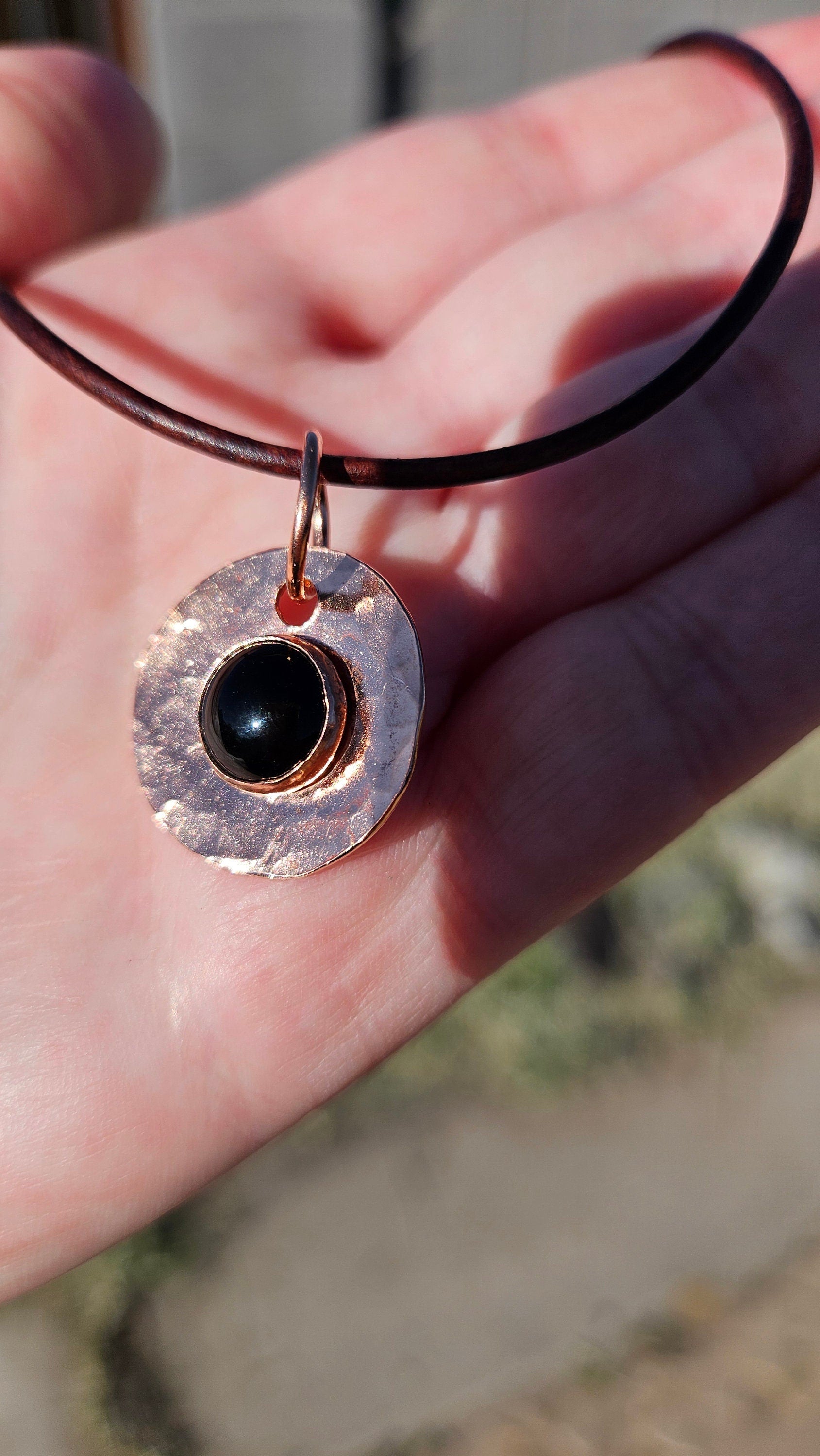 Copper and Black Agate Necklace/ Leather Cord/ Hammered Copper Pendant/ Copper Disc/  Handmade Jewelry/ by Elven Soul