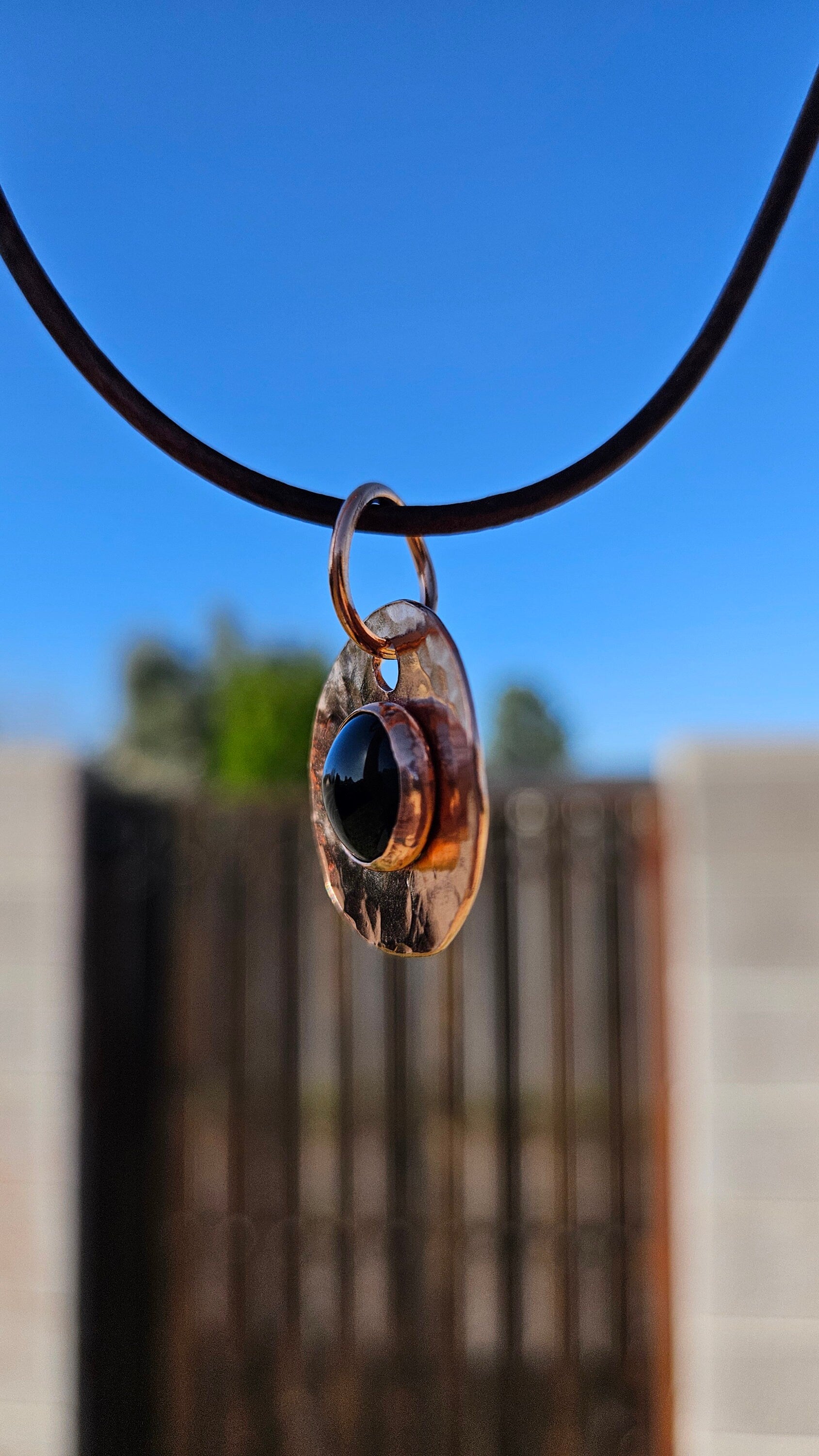 Copper and Black Agate Necklace/ Leather Cord/ Hammered Copper Pendant/ Copper Disc/  Handmade Jewelry/ by Elven Soul