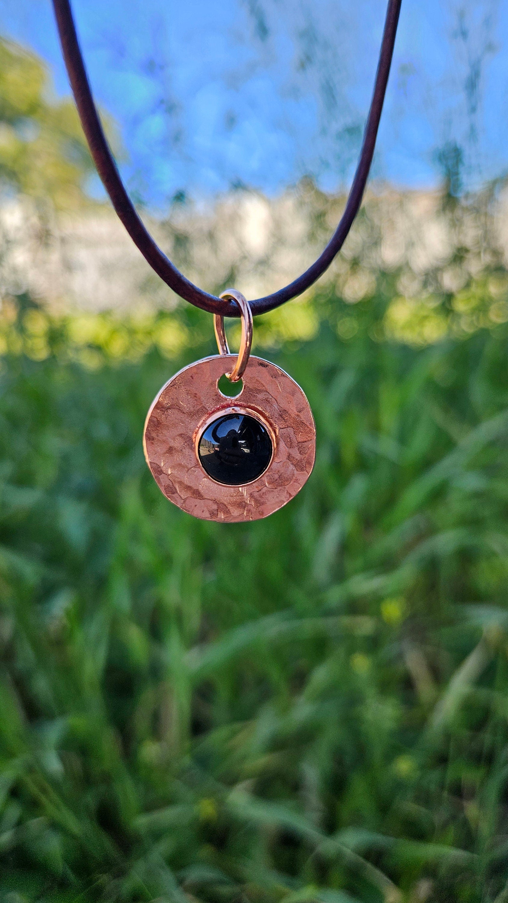 Copper and Black Agate Necklace/ Leather Cord/ Hammered Copper Pendant/ Copper Disc/  Handmade Jewelry/ by Elven Soul