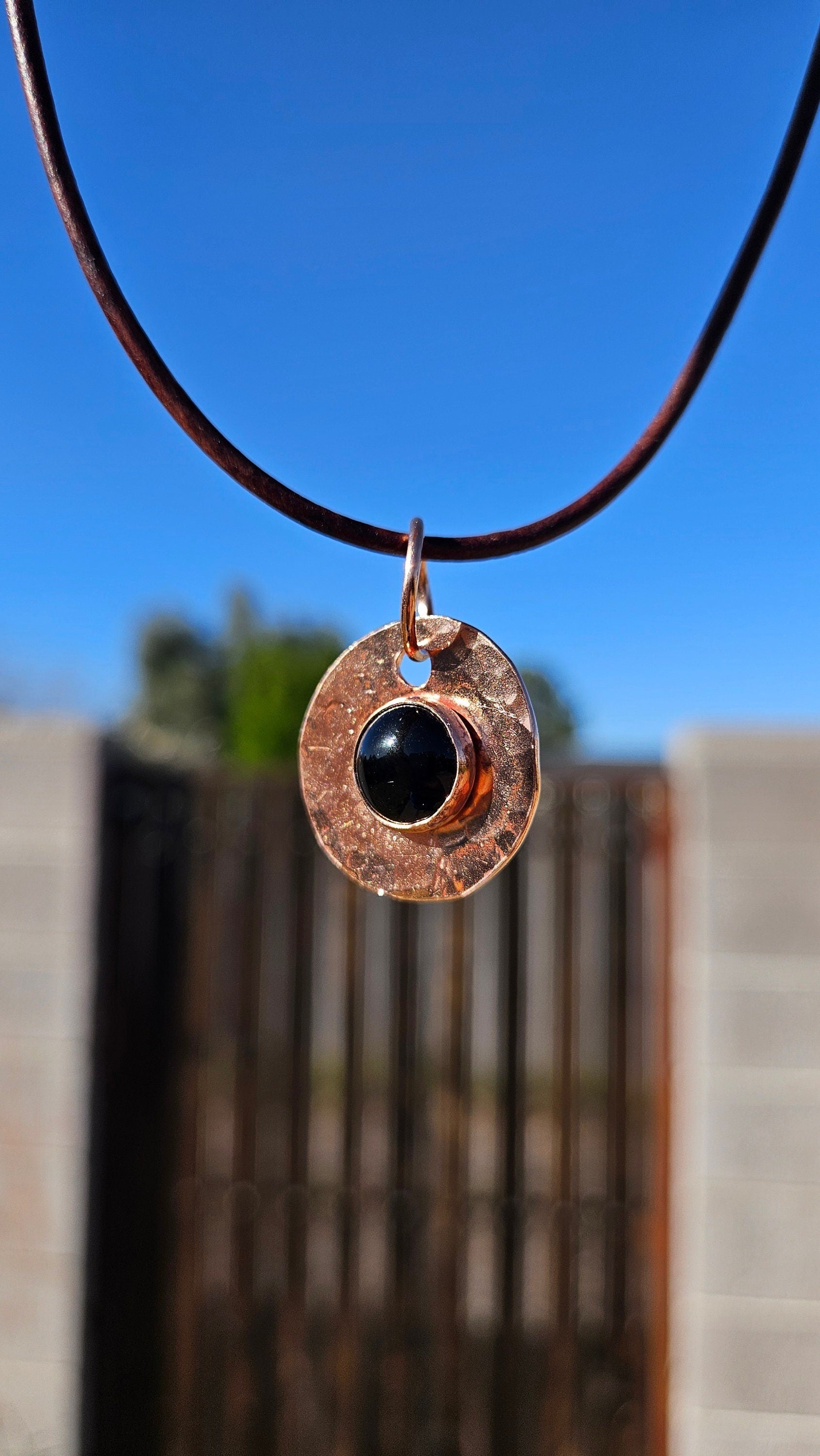 Copper and Black Agate Necklace/ Leather Cord/ Hammered Copper Pendant/ Copper Disc/  Handmade Jewelry/ by Elven Soul