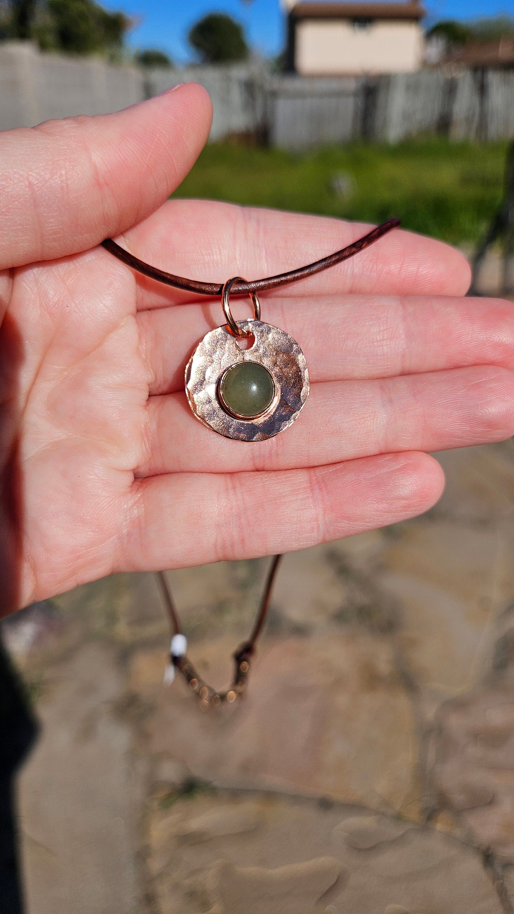 Copper and Green Aventurine Necklace/ Leather Cord/ Hammered Copper Pendant/ Copper Disc/  Handmade Jewelry/ by Elven Soul