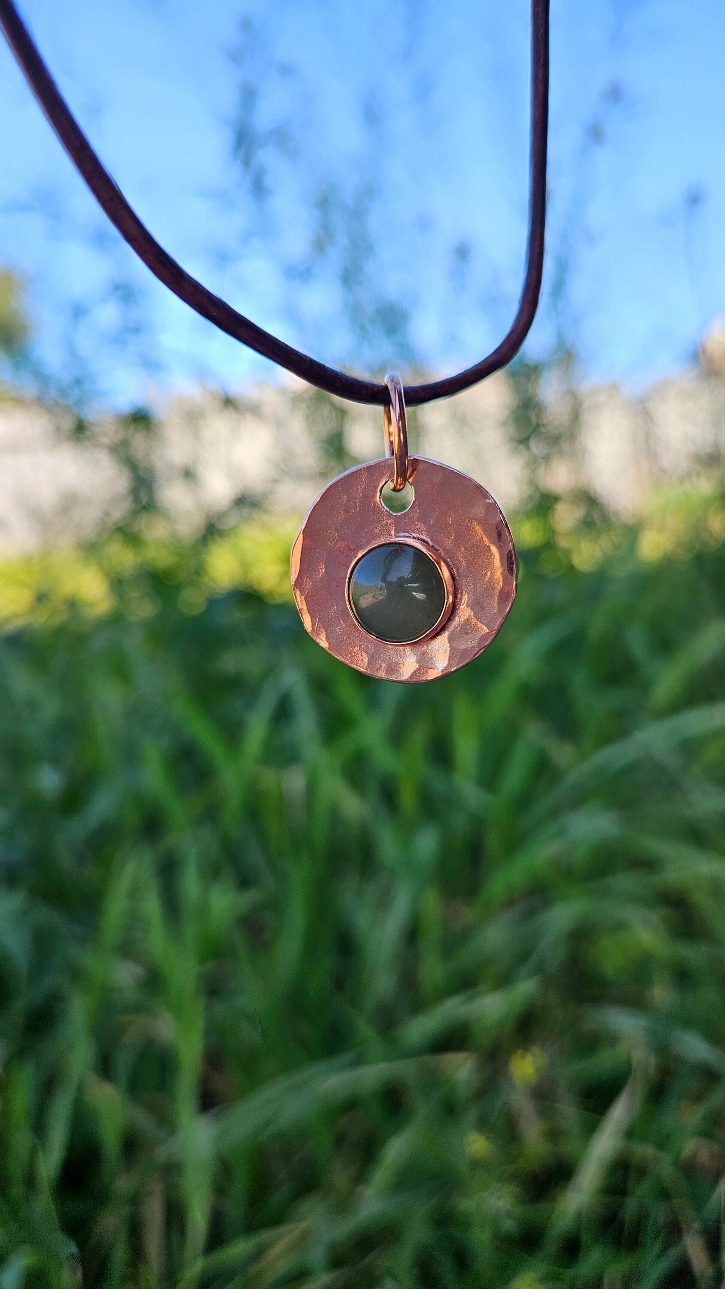 Copper and Green Aventurine Necklace/ Leather Cord/ Hammered Copper Pendant/ Copper Disc/ Handmade Jewelry/ by Elven Soul