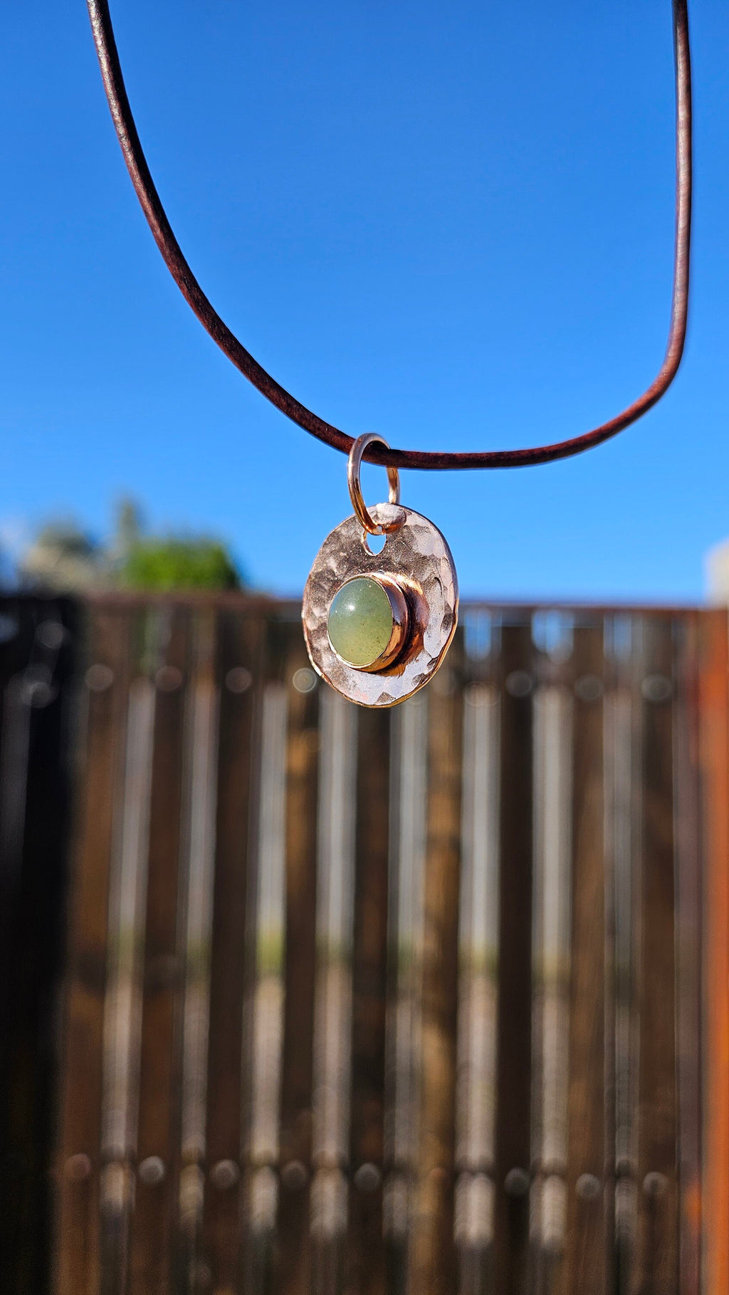 Copper and Green Aventurine Necklace/ Leather Cord/ Hammered Copper Pendant/ Copper Disc/  Handmade Jewelry/ by Elven Soul