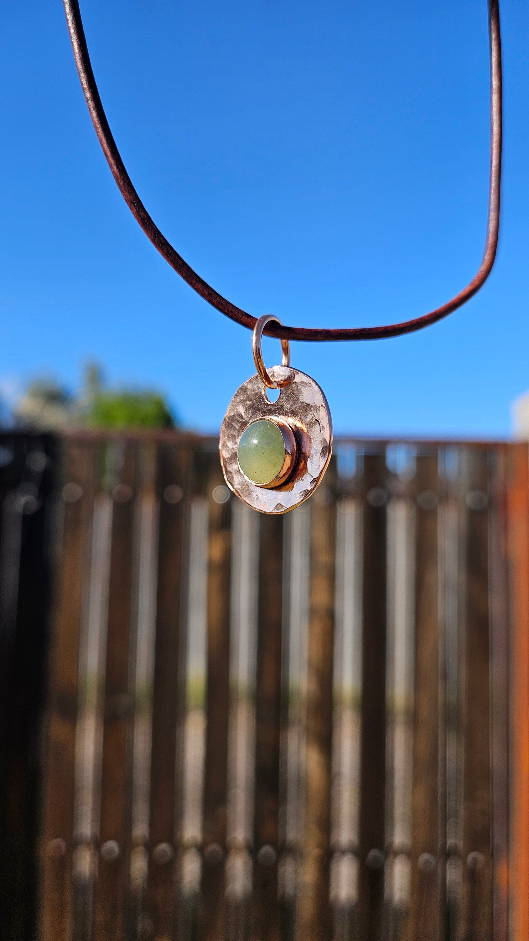 Copper and Green Aventurine Necklace/ Leather Cord/ Hammered Copper Pendant/ Copper Disc/  Handmade Jewelry/ by Elven Soul