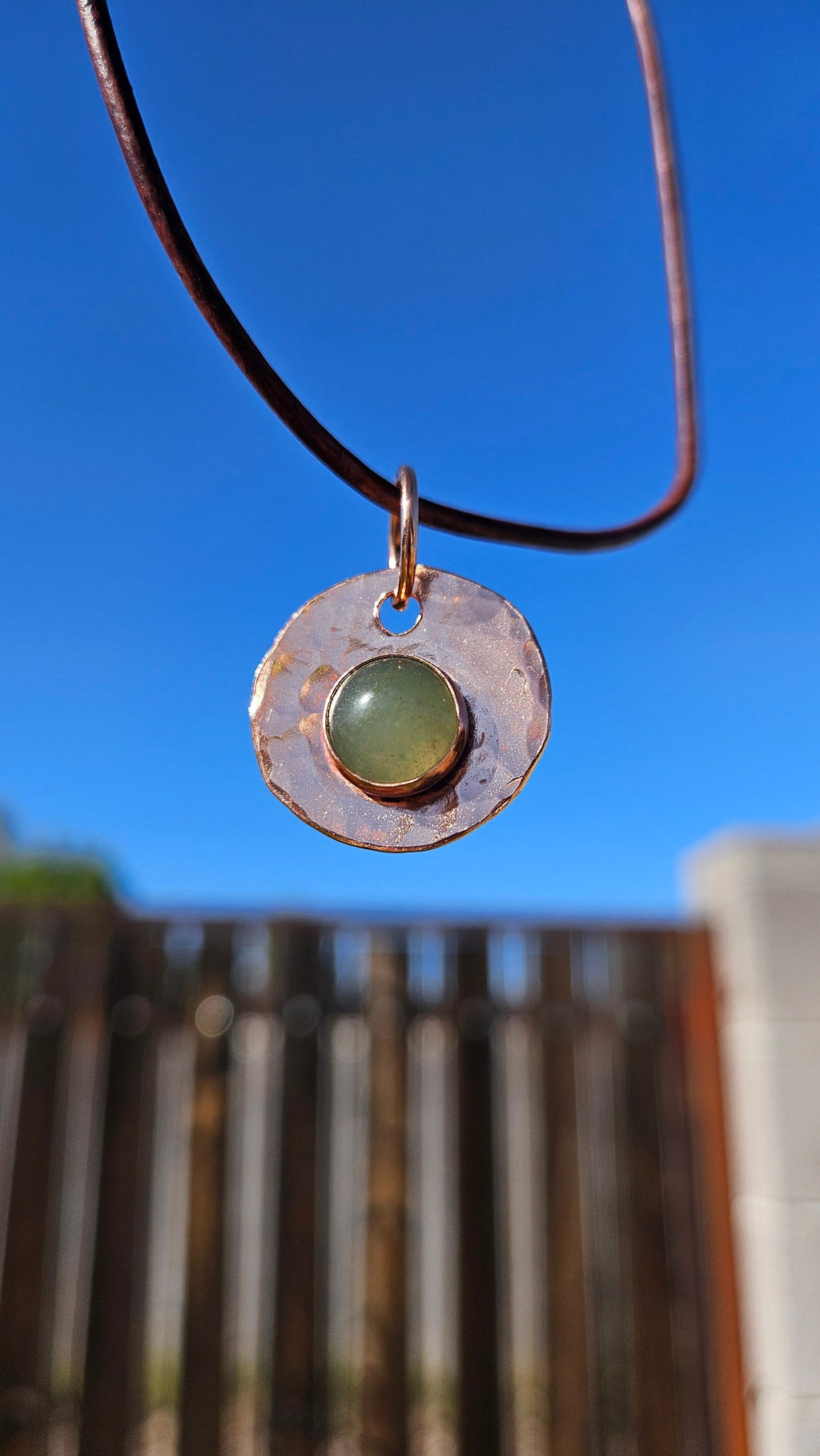 Copper and Green Aventurine Necklace/ Leather Cord/ Hammered Copper Pendant/ Copper Disc/  Handmade Jewelry/ by Elven Soul
