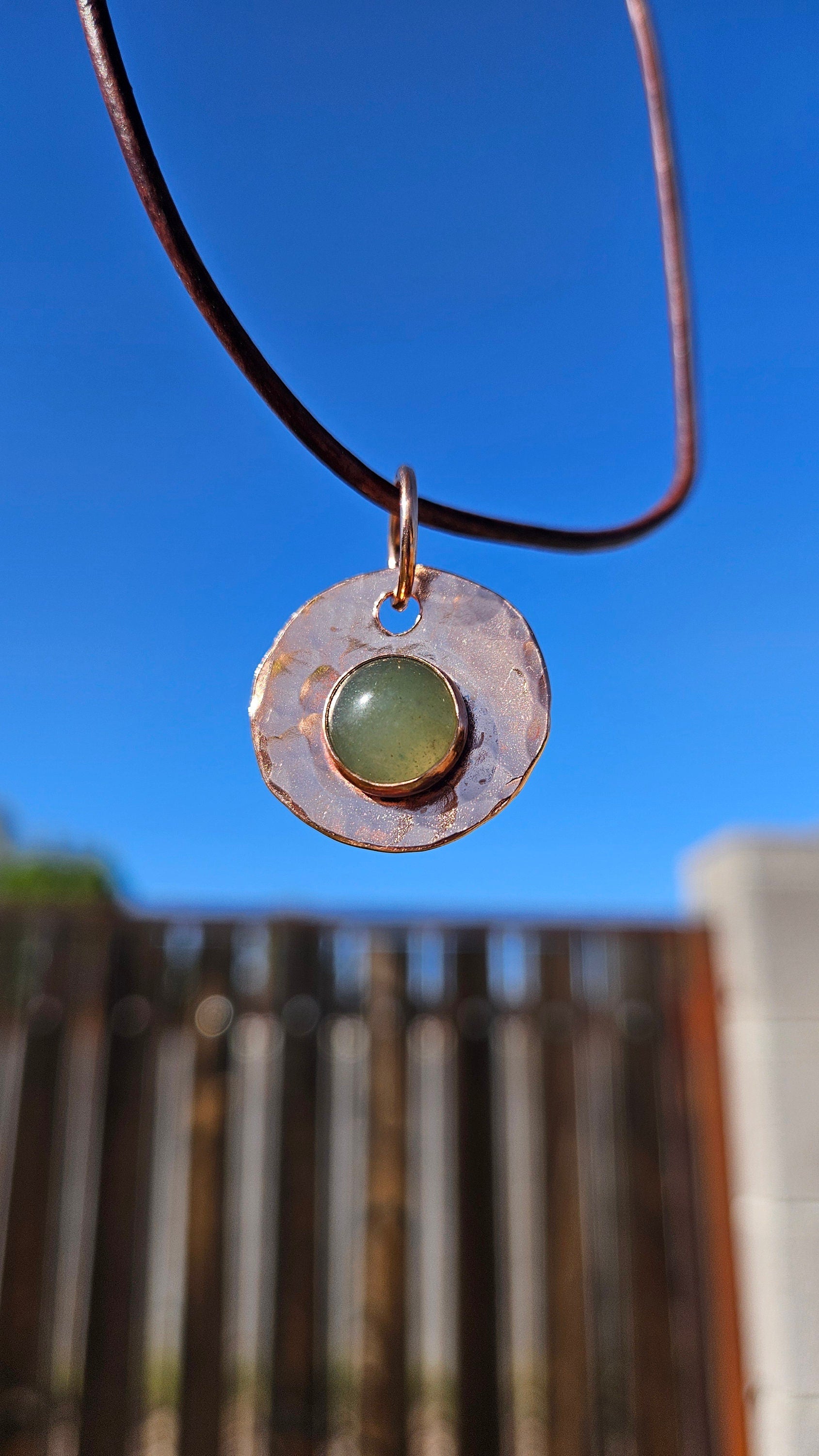 Copper and Green Aventurine Necklace/ Leather Cord/ Hammered Copper Pendant/ Copper Disc/  Handmade Jewelry/ by Elven Soul
