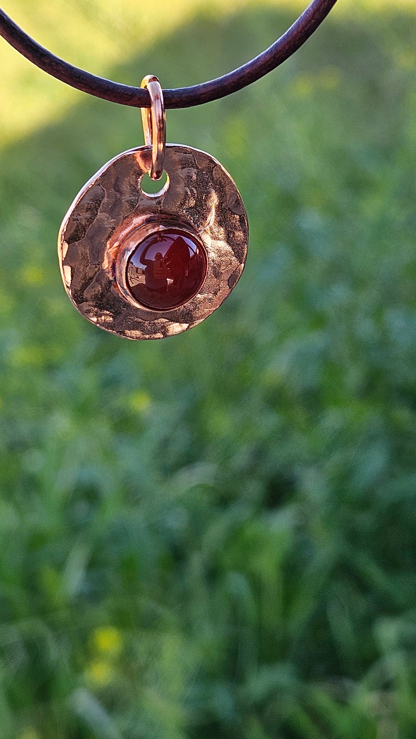 Copper and Red Agate Necklace/ Leather Cord/ Hammered Copper Pendant/ Handmade Jewelry/ by Elven Soul