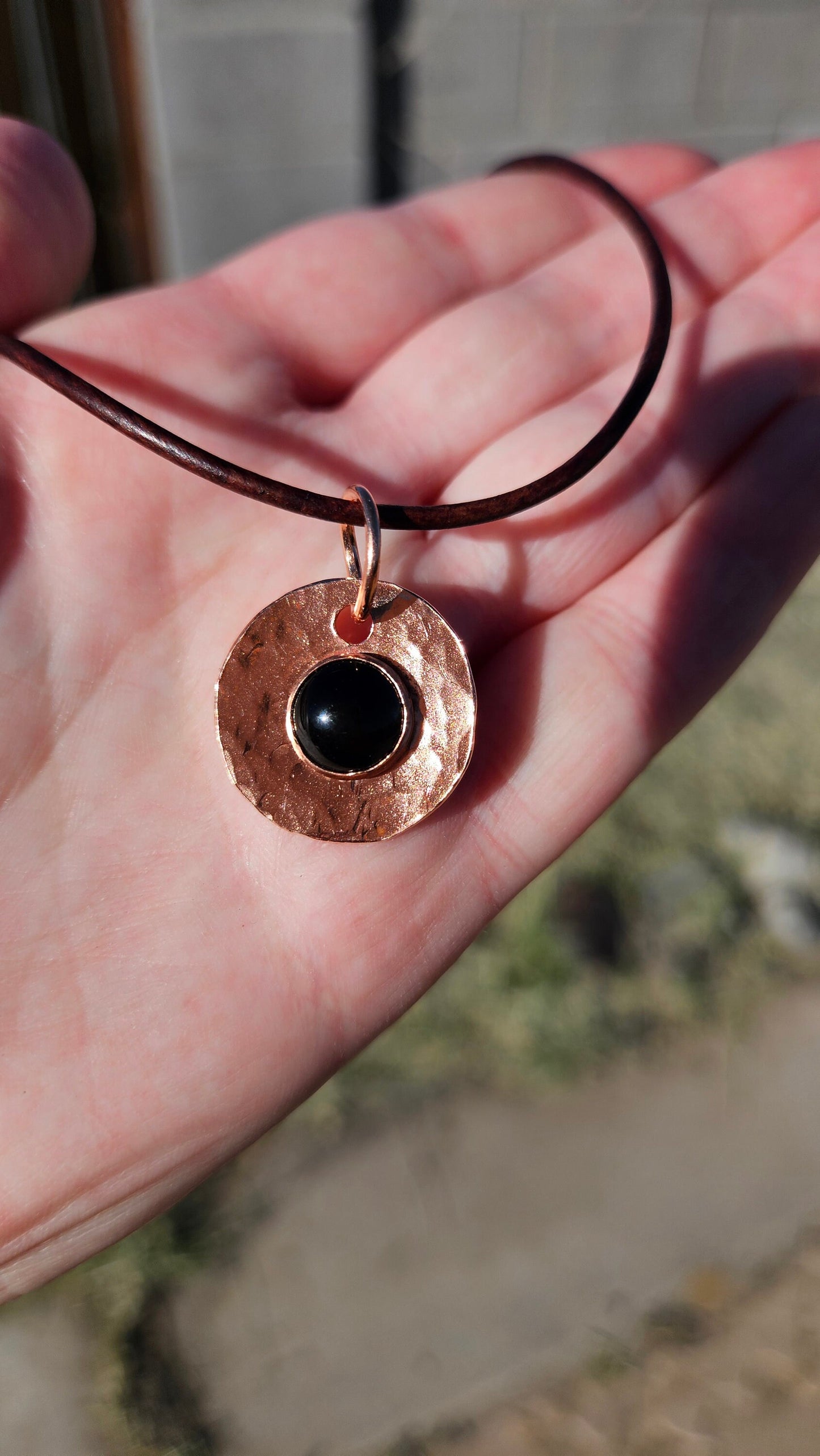 Copper and Black Agate Necklace/ Leather Cord/ Hammered Copper Pendant/ Copper Disc/  Handmade Jewelry/ by Elven Soul