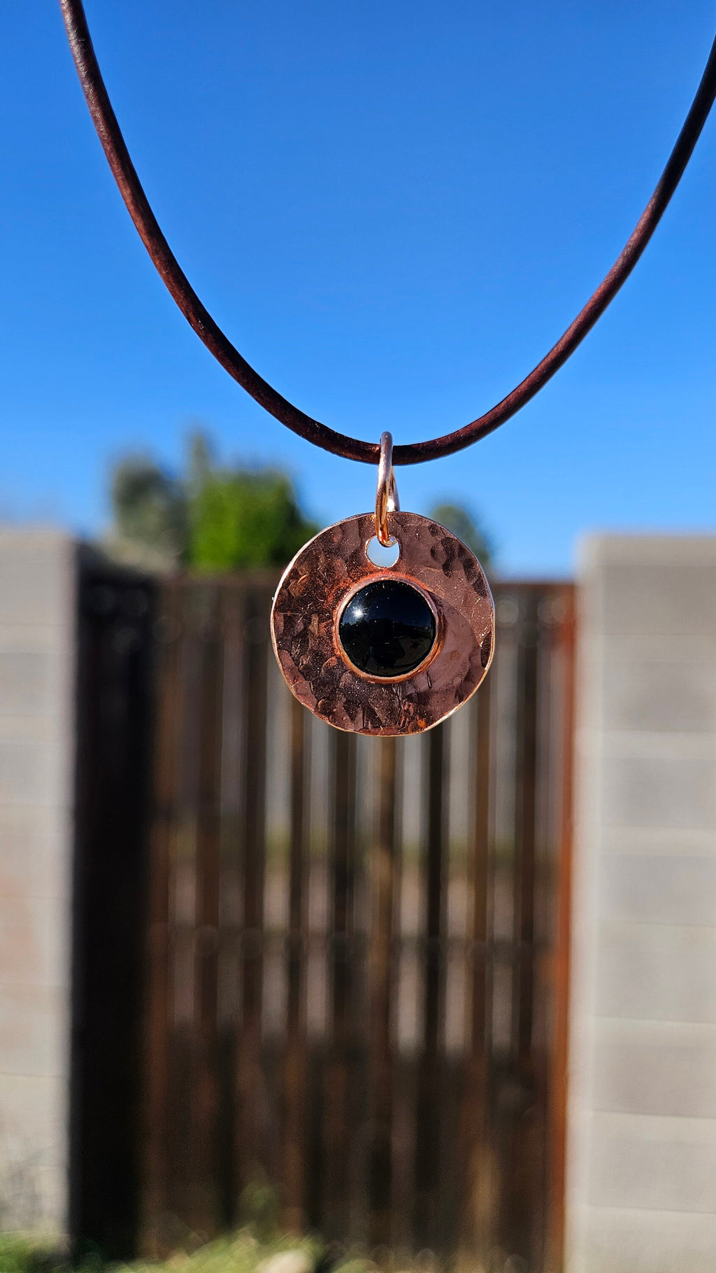 Copper and Black Agate Necklace/ Leather Cord/ Hammered Copper Pendant/ Copper Disc/  Handmade Jewelry/ by Elven Soul