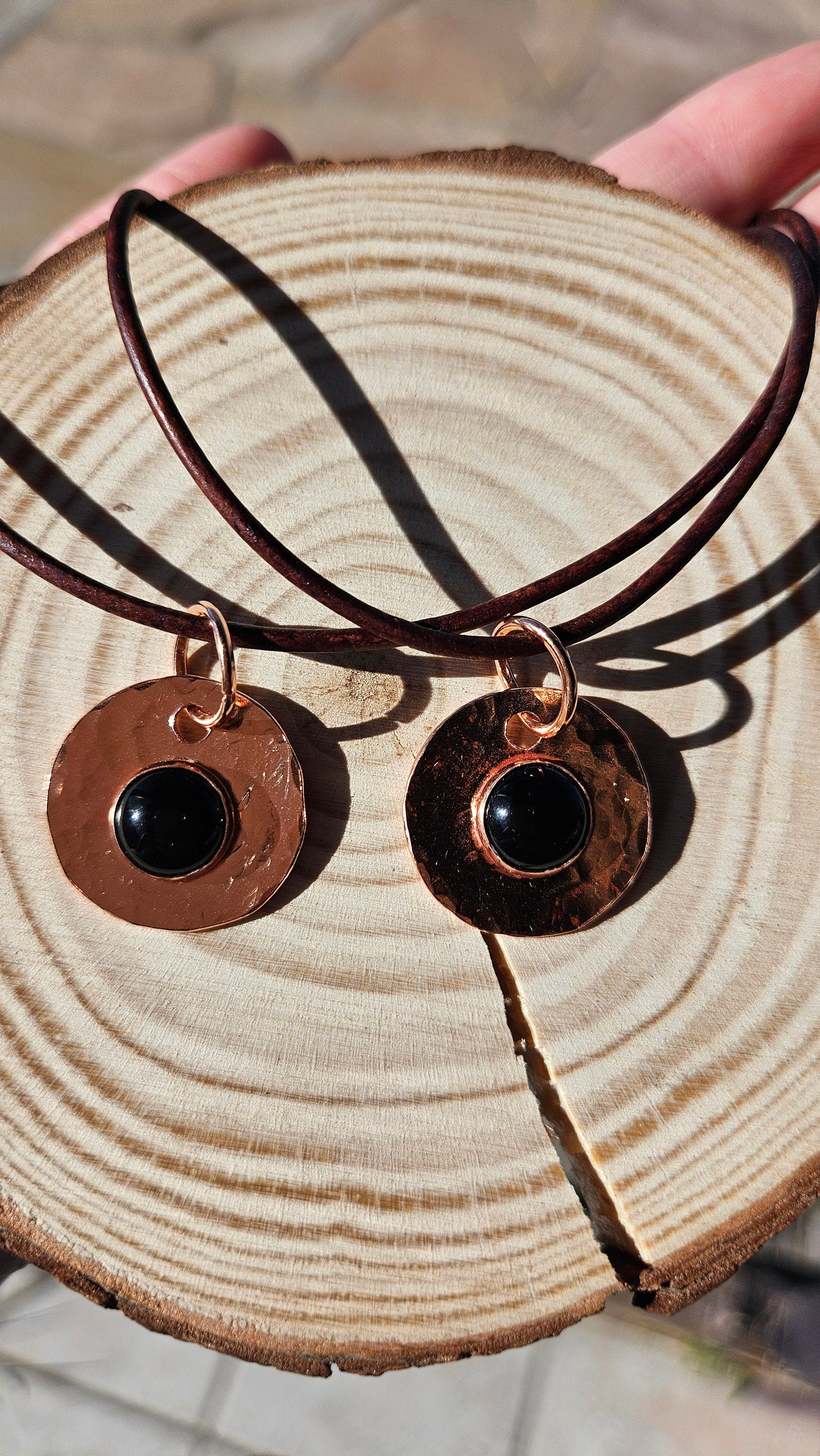 Copper and Black Agate Necklace/ Leather Cord/ Hammered Copper Pendant/ Copper Disc/  Handmade Jewelry/ by Elven Soul