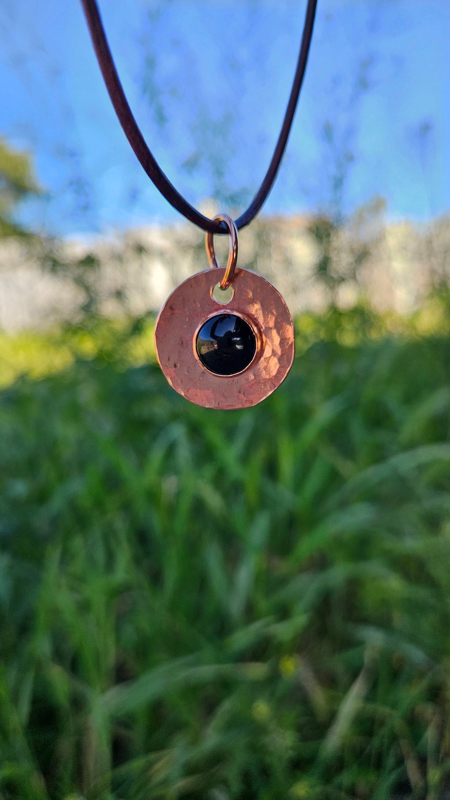Copper and Black Agate Necklace/ Leather Cord/ Hammered Copper Pendant/ Copper Disc/  Handmade Jewelry/ by Elven Soul