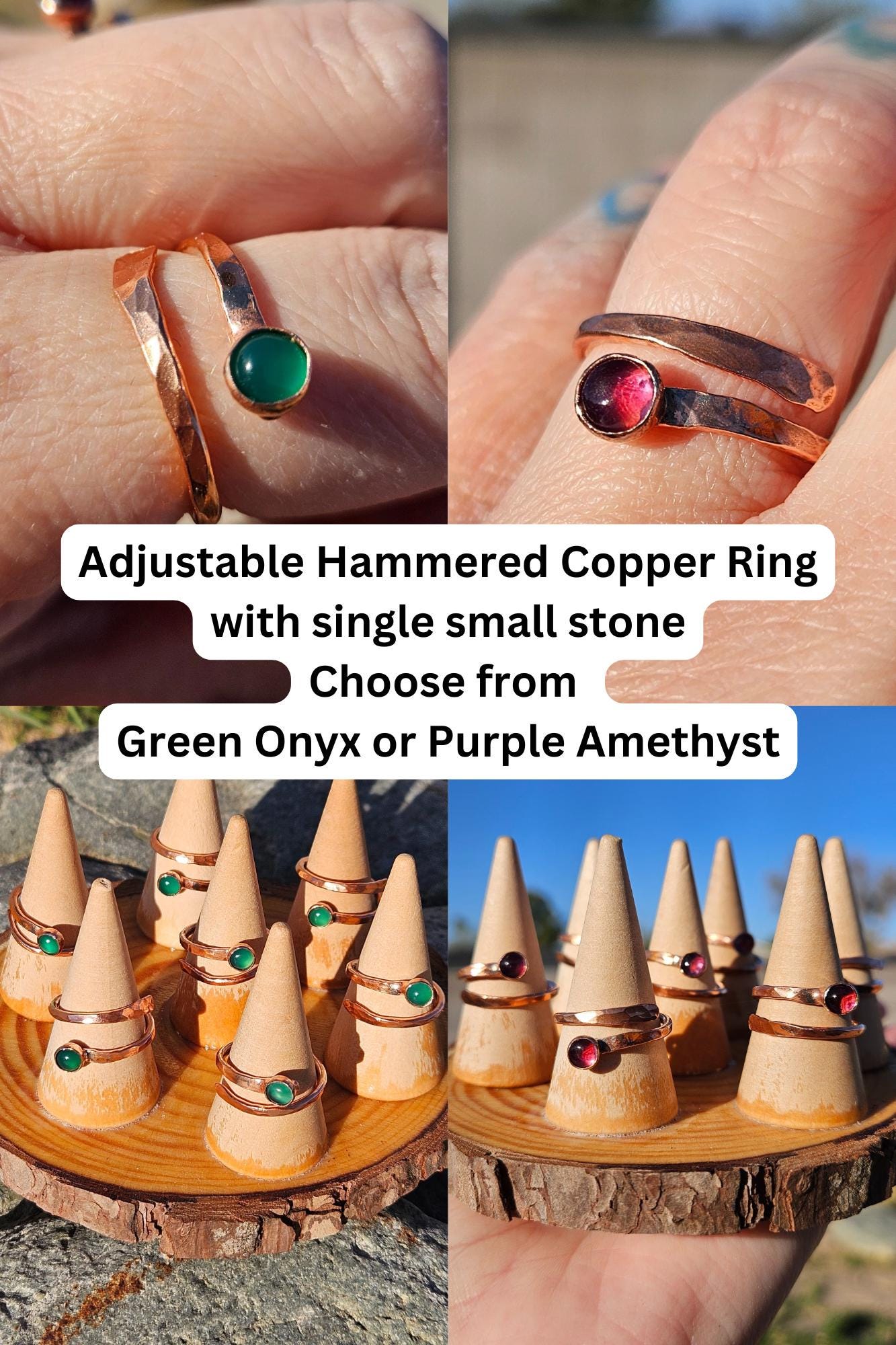 Hammered Copper Ring with Single Stone/ Purple Amethyst/ Green Onyx/Adjustable Wrap Ring /Handmade Jewelry by Elven Soul