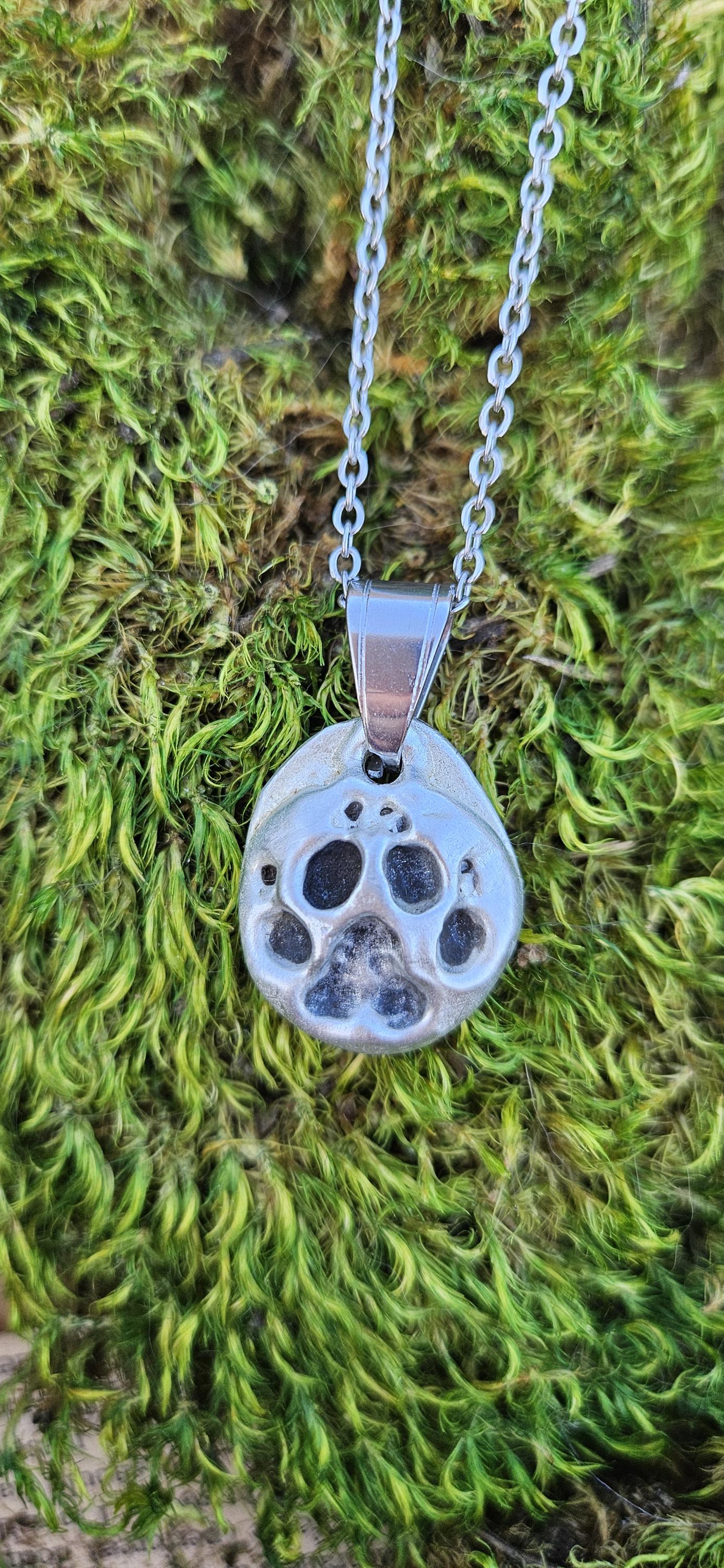 Pewter Dog Paw Print Necklace/ Silver Toned Pendant/ Hand Cast Pewter from Hand Sculpted Design/ Jewelry By Elven Soul