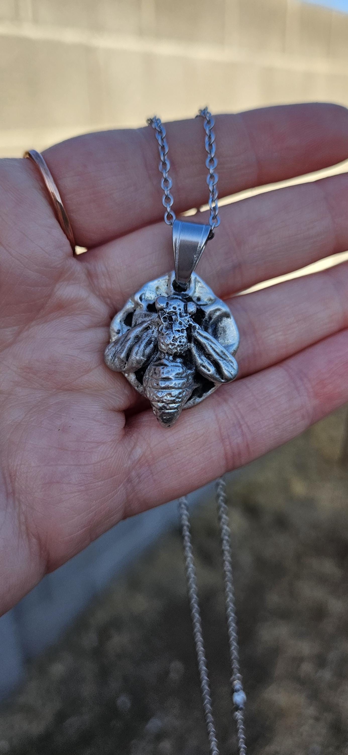 Pewter Honeybee Necklace/ Silver Toned Pendant/ Hand Cast Pewter from Hand Sculpted Design/ Bee Jewelry/ By Elven Soul