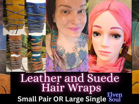 Leather Hair Wraps/ Leather and Suede Ponytail Holders/ Small Pair or Single Large/ Hair Cuffs/ Biker/ Renaissance/ Choose Color/ Elven Soul