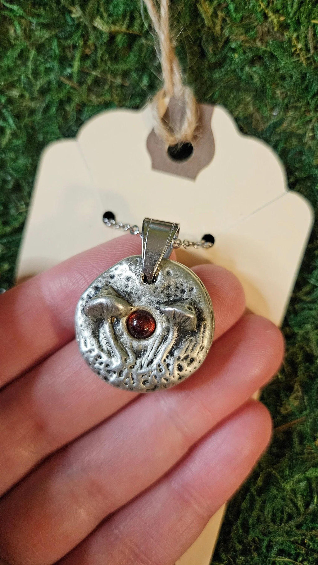 Hand Cast Pewter Mushroom Necklace/ Amber Stone/ Original Hand Sculpted Design/ Nature Pendant/ Cottagecore/ Jewelry By Elven Soul