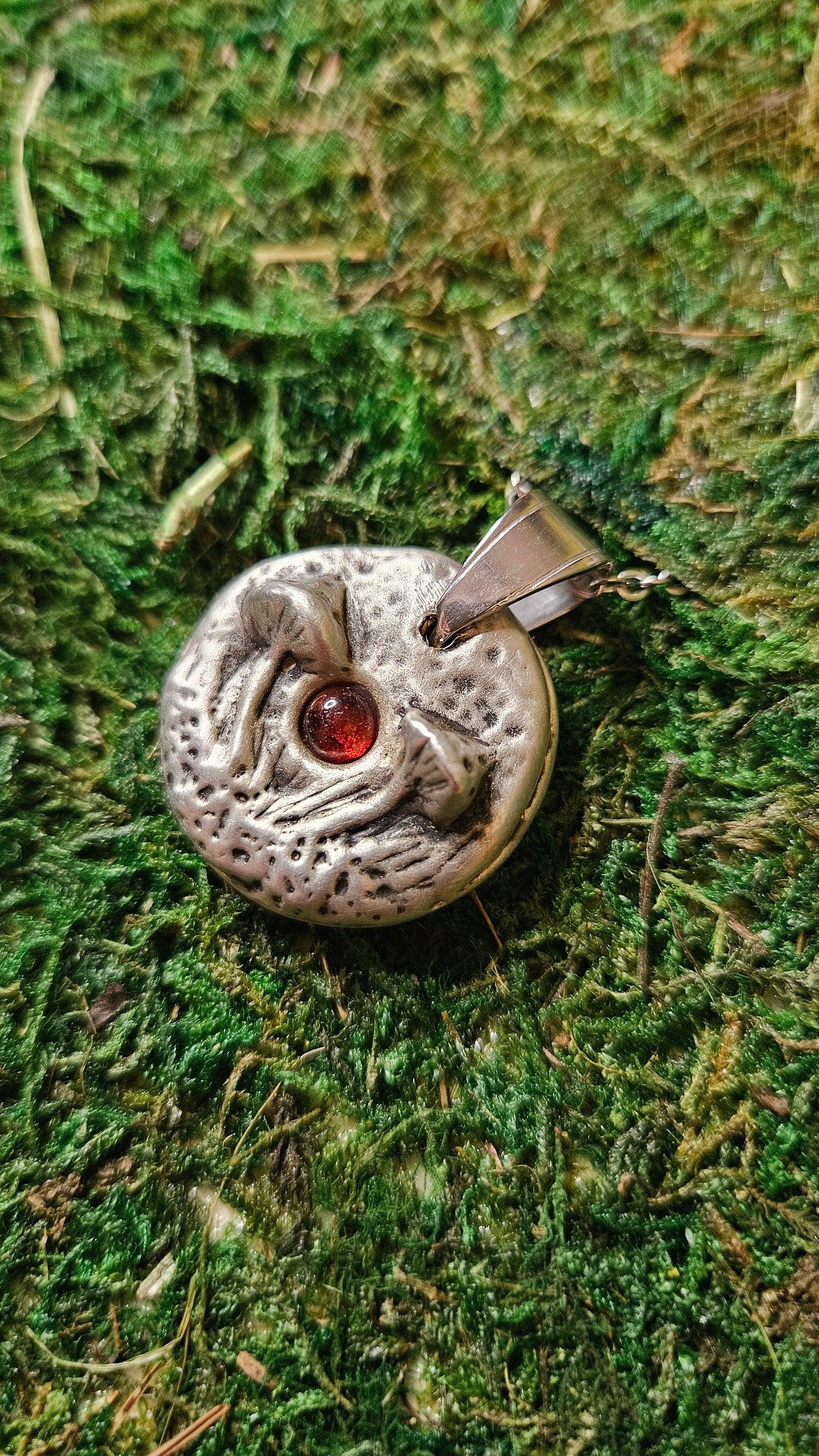 Hand Cast Pewter Mushroom Necklace/ Amber Stone/ Original Hand Sculpted Design/ Nature Pendant/ Cottagecore/ Jewelry By Elven Soul