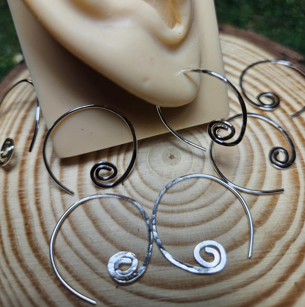 Sterling Silver Spiral Hoop Earrings | Small Delicate Threaders | Hammered Swirl | Minimalist | Handmade Jewelry by Elven Soul