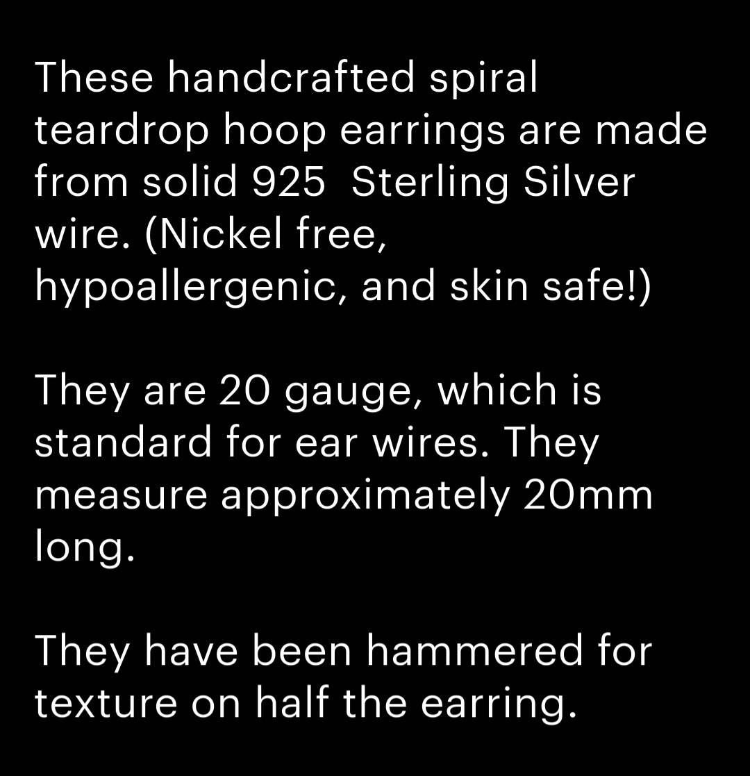 Sterling Silver Spiral Teardrop Hoop Earrings | Small Delicate Threaders | Hammered Swirl | Minimalist | Handmade Jewelry by Elven Soul