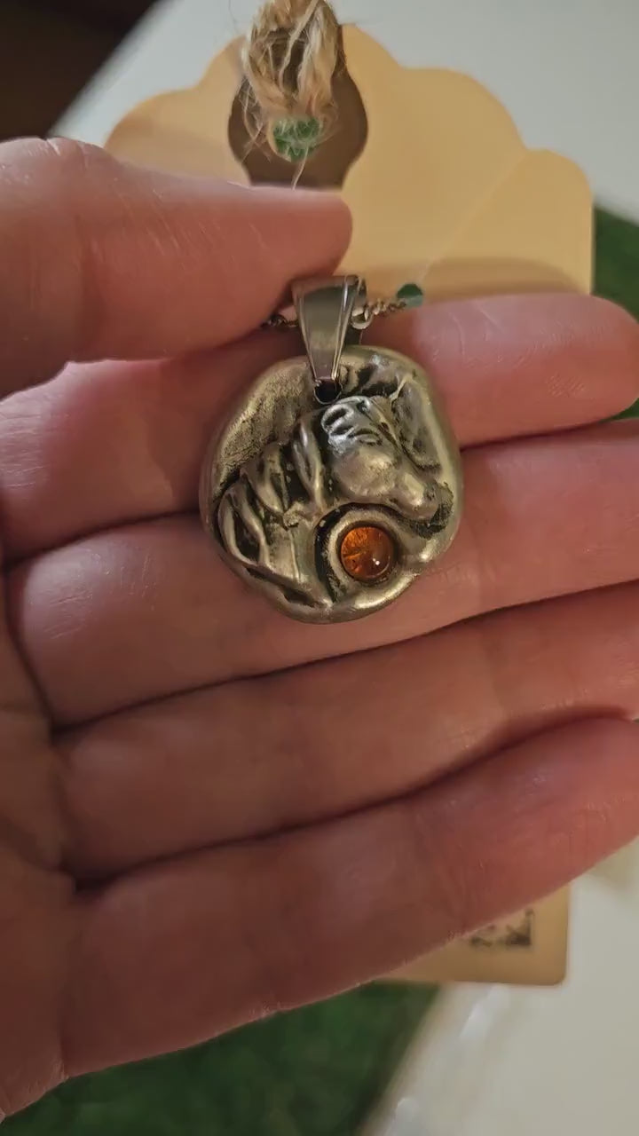 Pewter Unicorn Necklace/ Baltic Amber/ Horse Pendant/ Pewter Cast Jewelry/ Stainless Steel Chain/ By Elven Soul