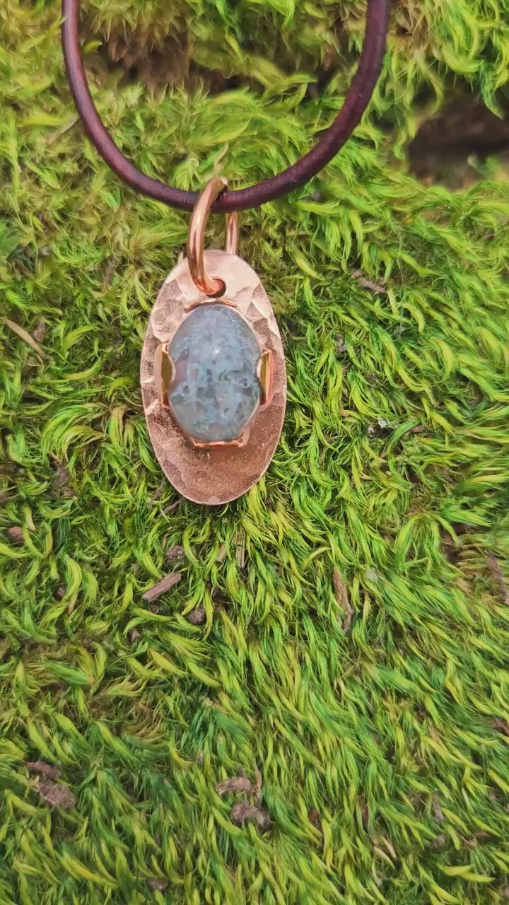 Moss Agate Copper Pendant Necklace/ Leather Cord/ Crystal and Stone Jewelry/ Copper Jewelry/ Elven Soul