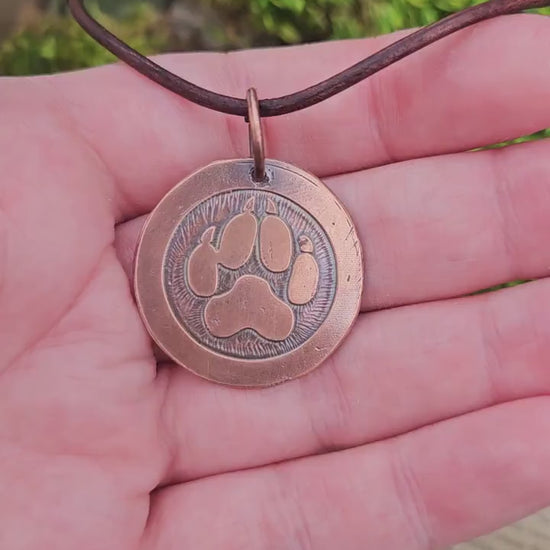 Wolf Paw Copper Etched Pendant Necklace/ Coyote Paw/ Leather Cord/ Rustic Copper Jewelry/ Elven Soul