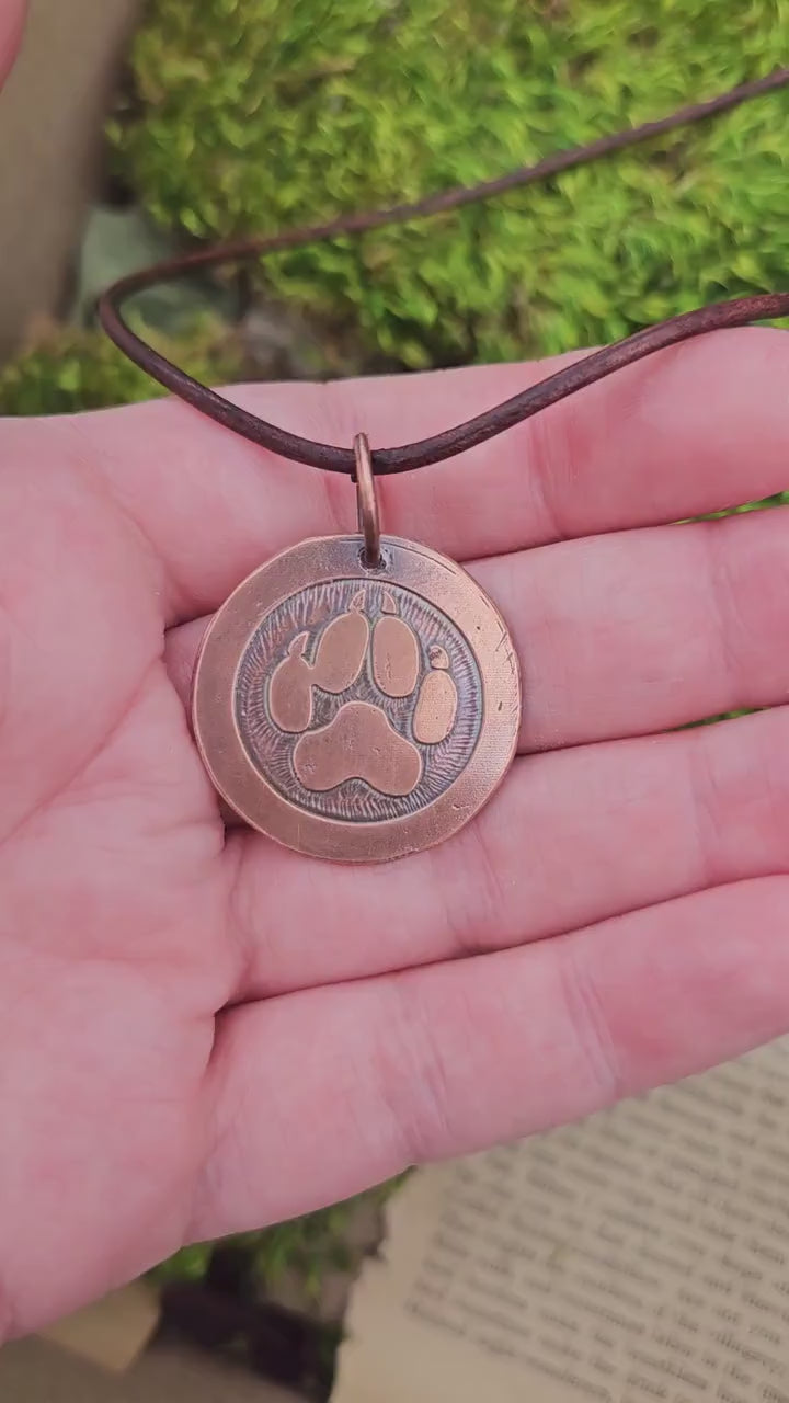 Wolf Paw Copper Etched Pendant Necklace/ Coyote Paw/ Leather Cord/ Rustic Copper Jewelry/ Elven Soul